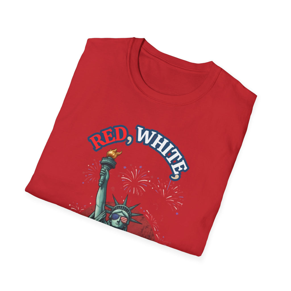 Unisex Softstyle T-Shirt, red white and bold statue of liberty