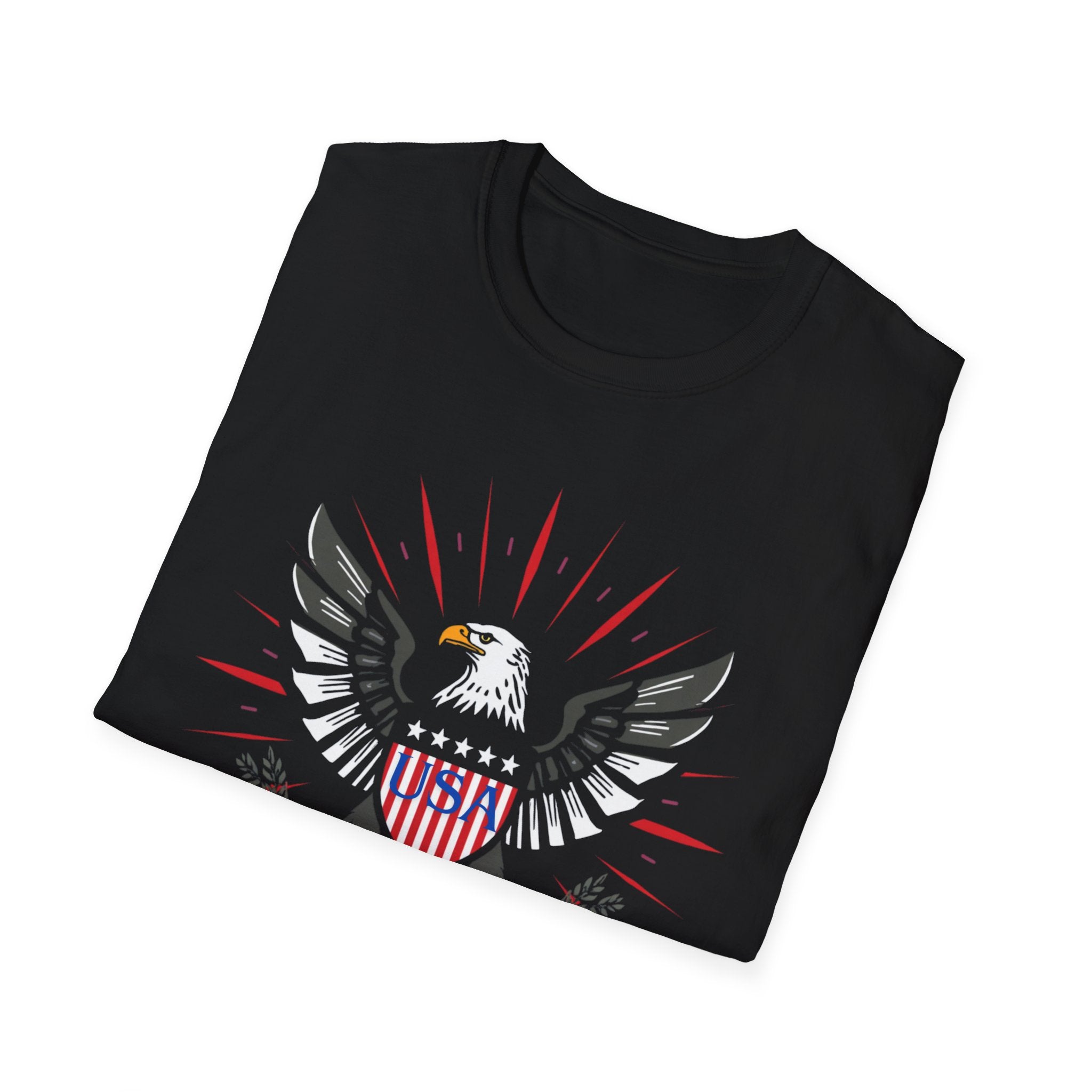 Unisex Softstyle T-Shirt, bold vector emblem, eagle crest, shield badge, patriotic colors, fireworks rays, clean lines, symmetrical design