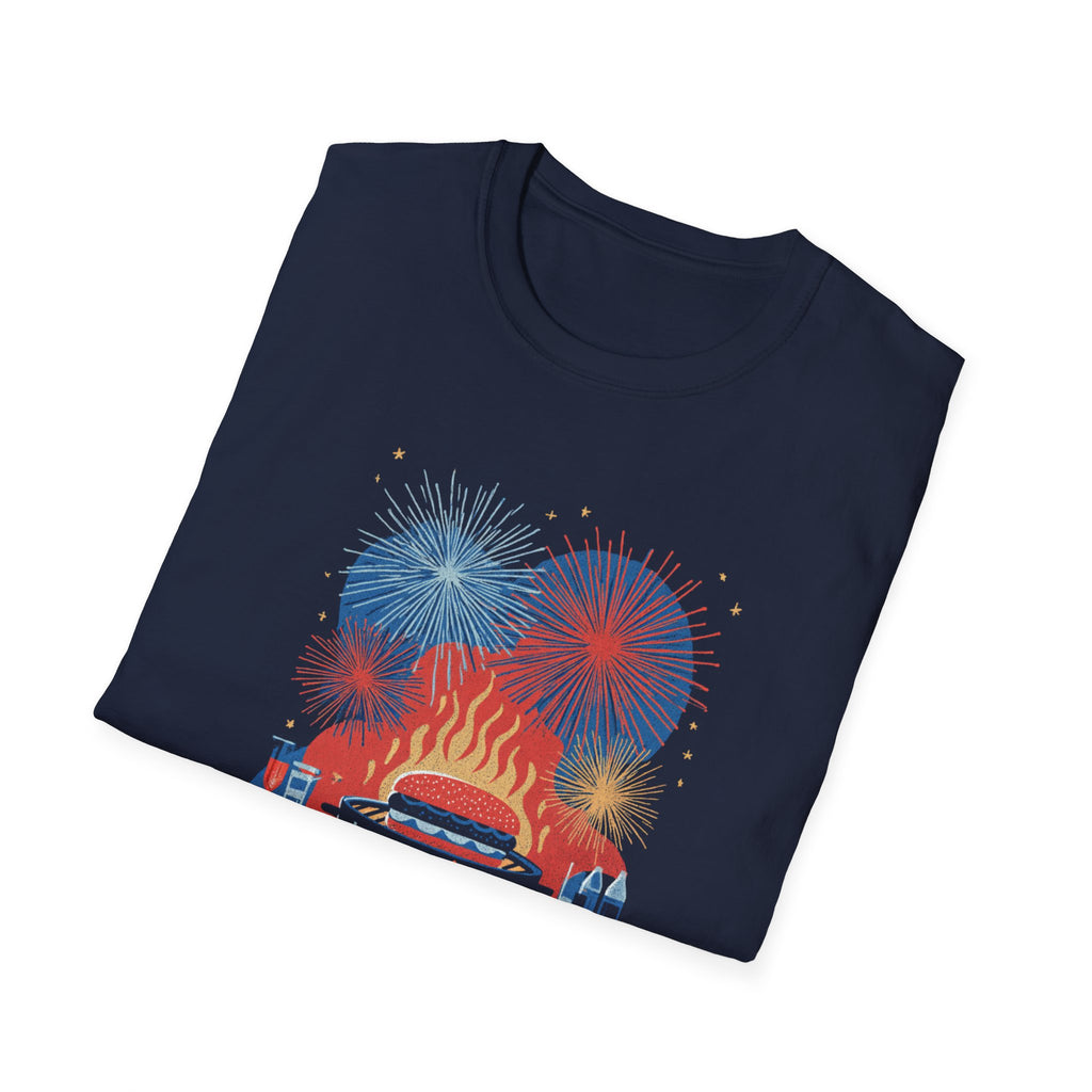 Unisex Softstyle T-Shirt, Happy Independence Day BBQ Shirt, 4th of July Party Tee, Grill & Fireworks Shirt