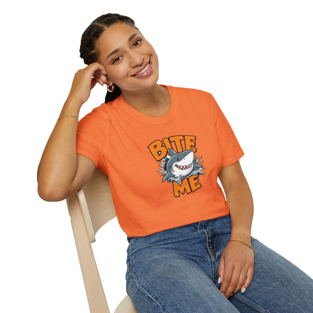 Unisex Softstyle T-Shirt,Bite Me Shark Shirt, Funny Beach Tee, Summer Ocean Shirt, Shark Lover Gift, Coastal Humor T-Shirt