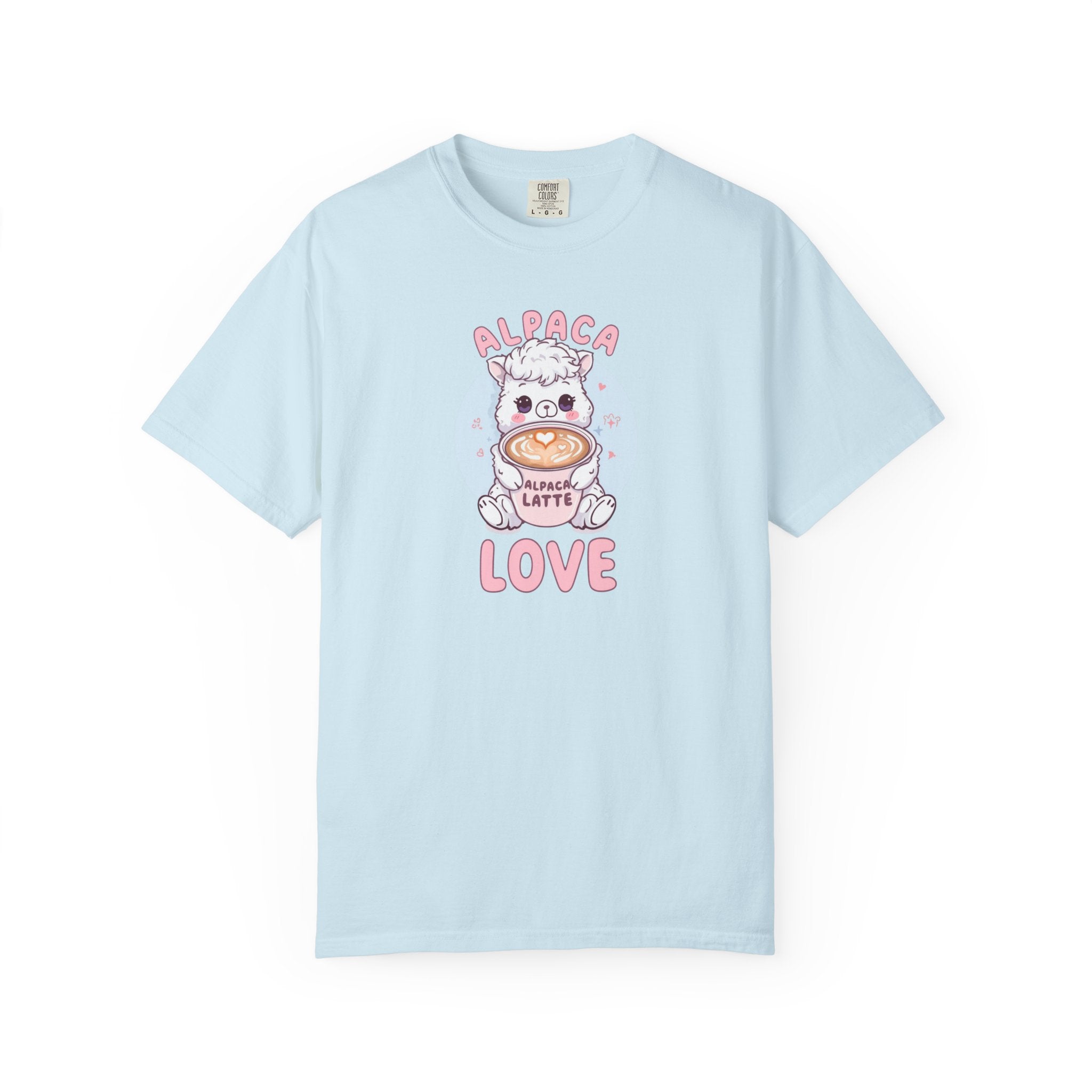 Unisex Garment-Dyed T-shirt, Alpaca Latte Love Shirt, Cute Coffee Lover Tee, Kawaii Alpaca Gift, Aesthetic Barista Shirt, Sweet Animal Graphic Tee