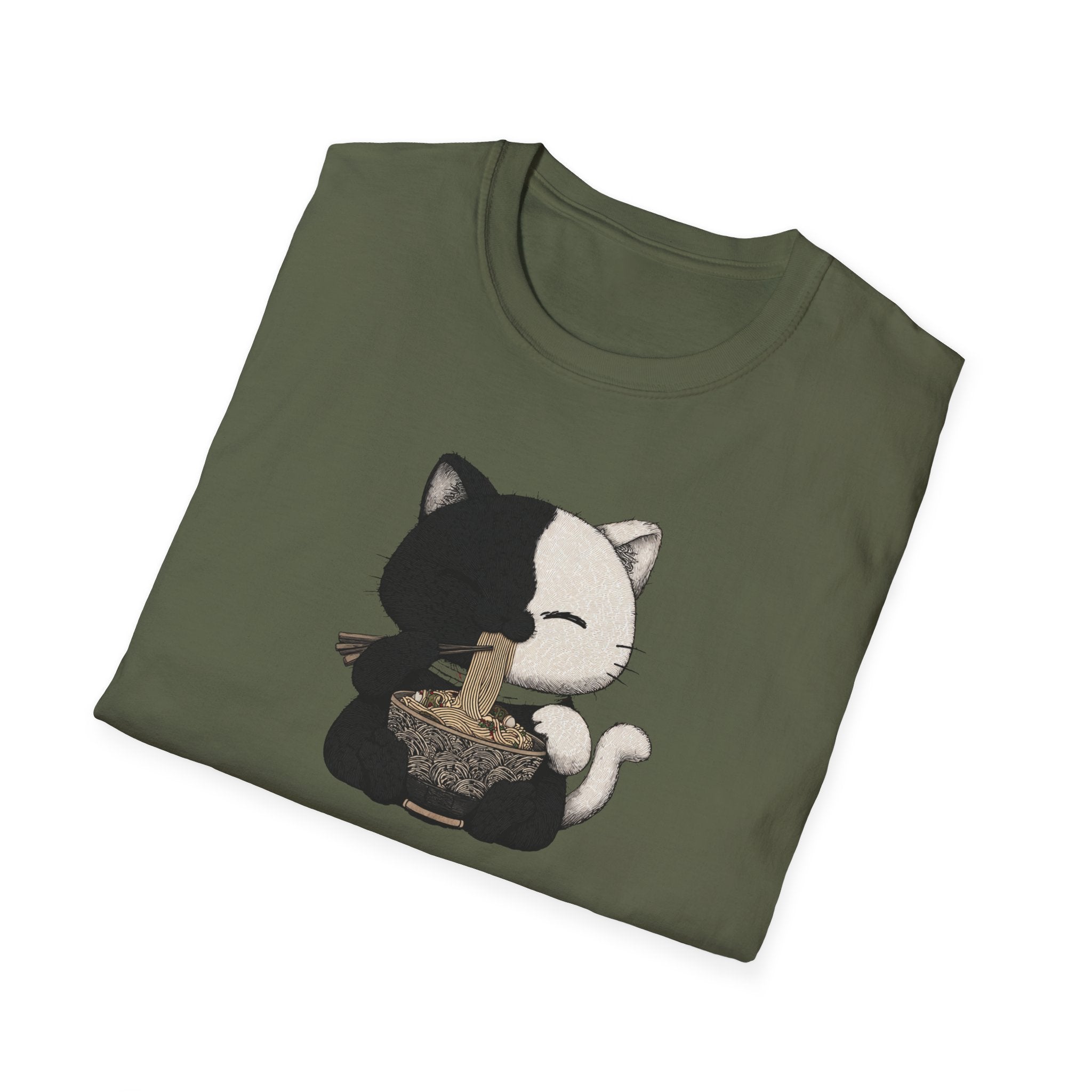 Unisex Softstyle T-Shirt, Cat eating Ramen