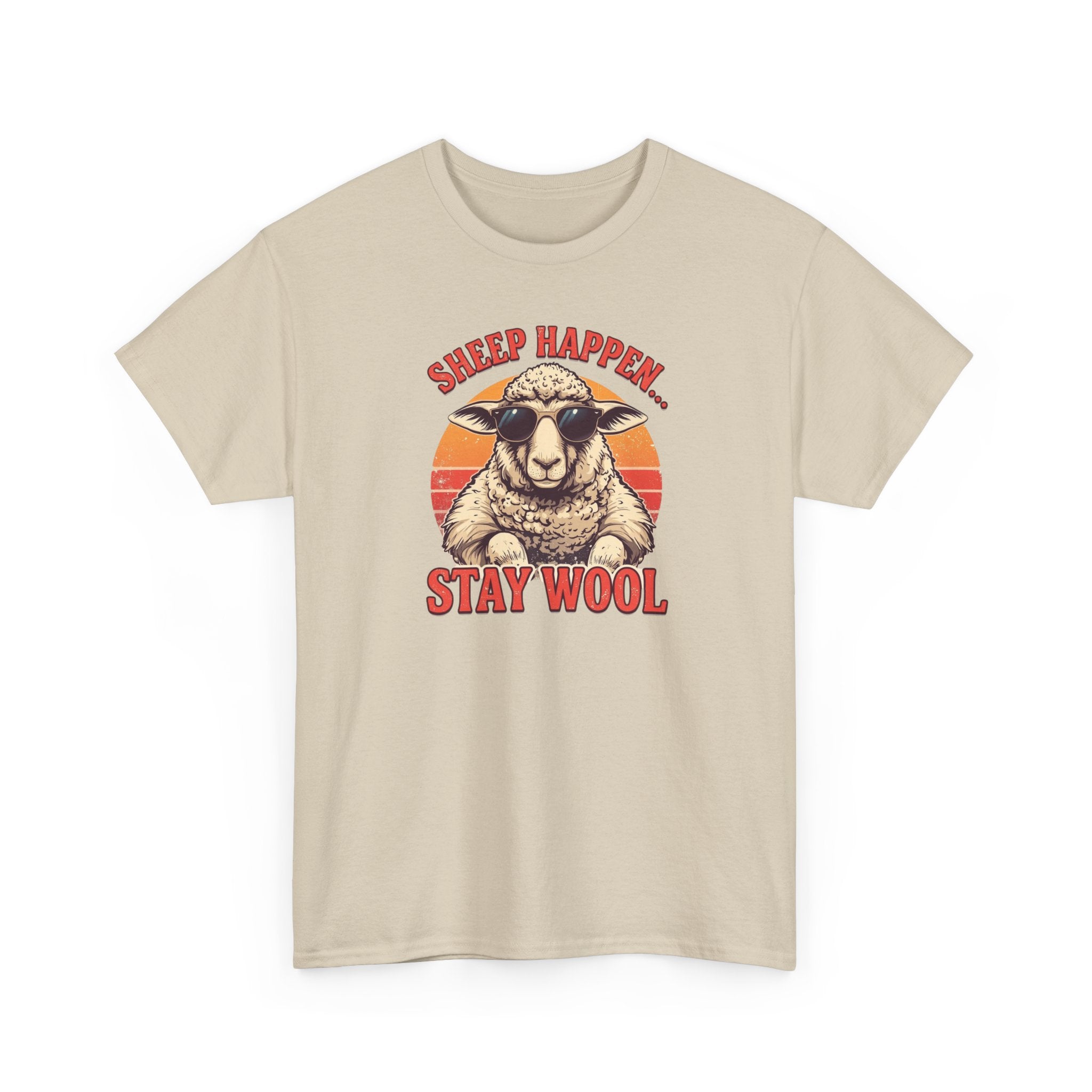 Unisex Heavy Cotton Tee,Sheep Happen Stay Wool Shirt, Retro Funny Sheep Tee, Vintage Animal Pun Shirt, Groovy Farm Humor T-Shirt, Cool Sheep Gift