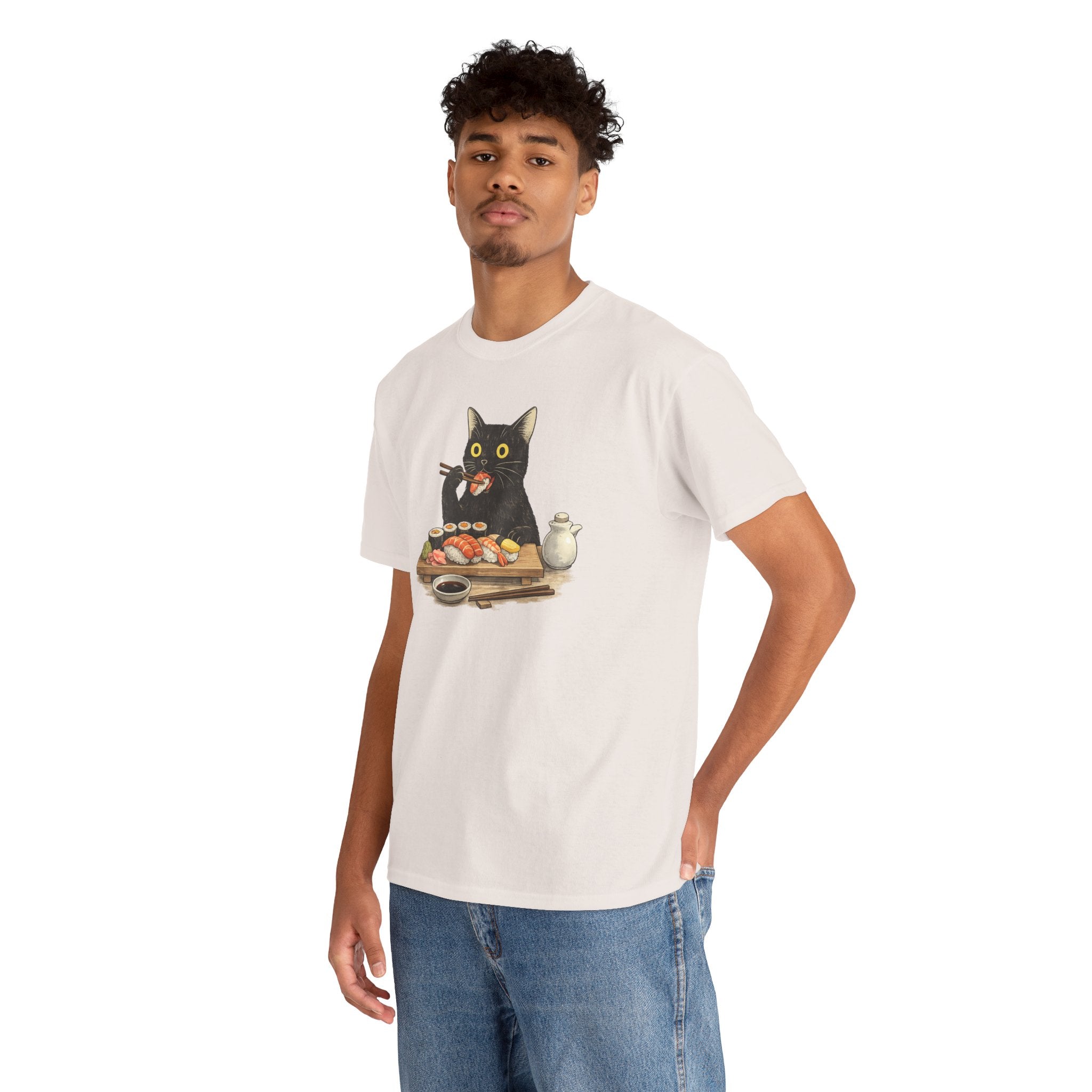 Unisex Heavy Cotton Tee, cat eating sushi