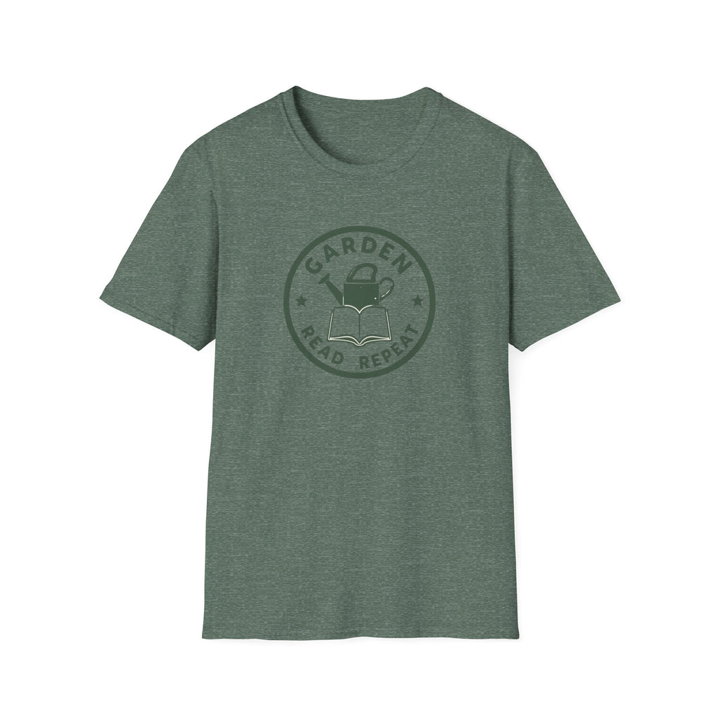 Unisex Softstyle T-Shirt,Garden Read Repeat Shirt, Gardening Book Lover Tee, Plant Reader Gift, Garden Lover T-Shirt, Bookish Gardener Tee