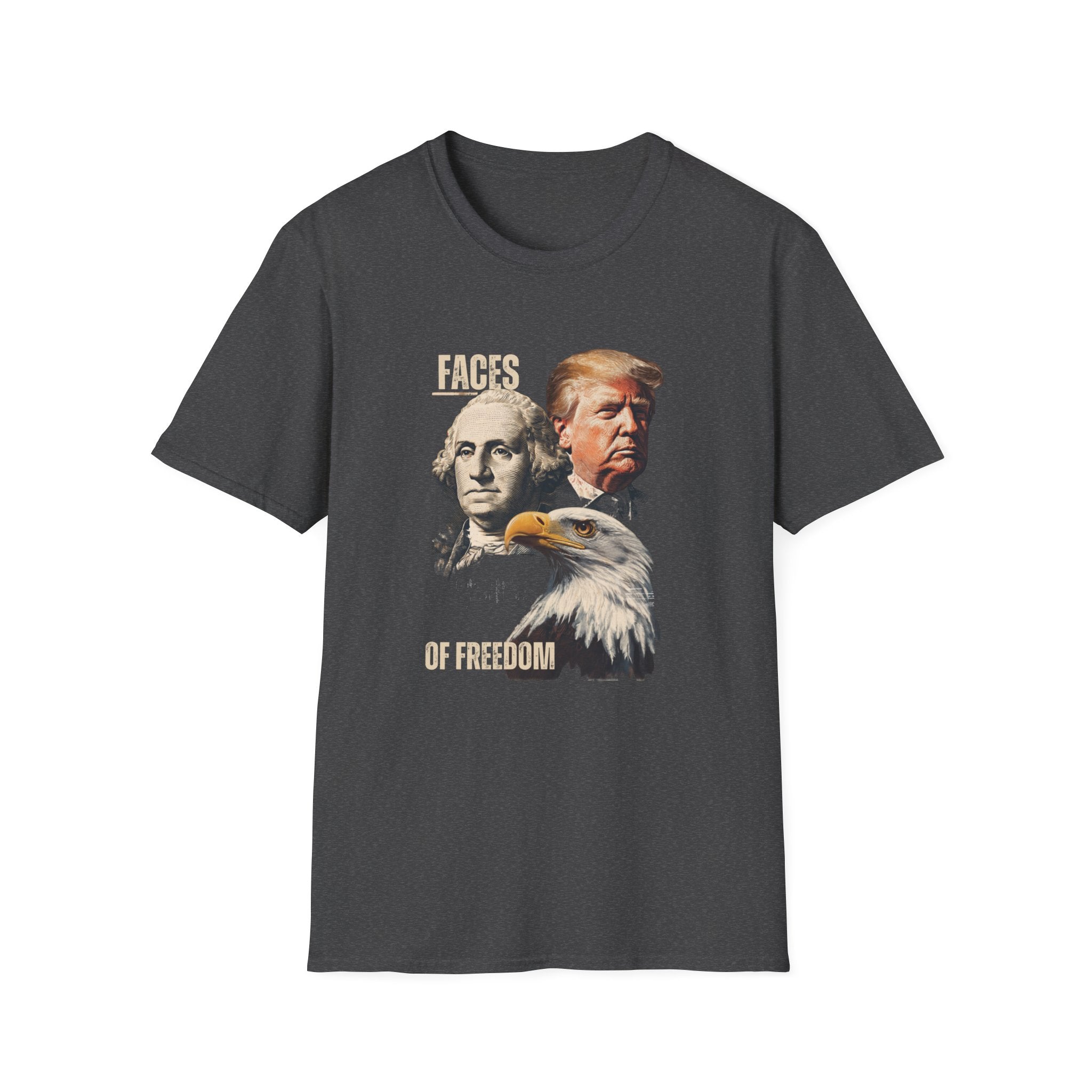 Unisex Softstyle T-Shirt, Faces Of Freedom Shirt, Washington Trump Patriotic Tee, American Eagle Flag Shirt, 4th of July Split Design USA Shirt