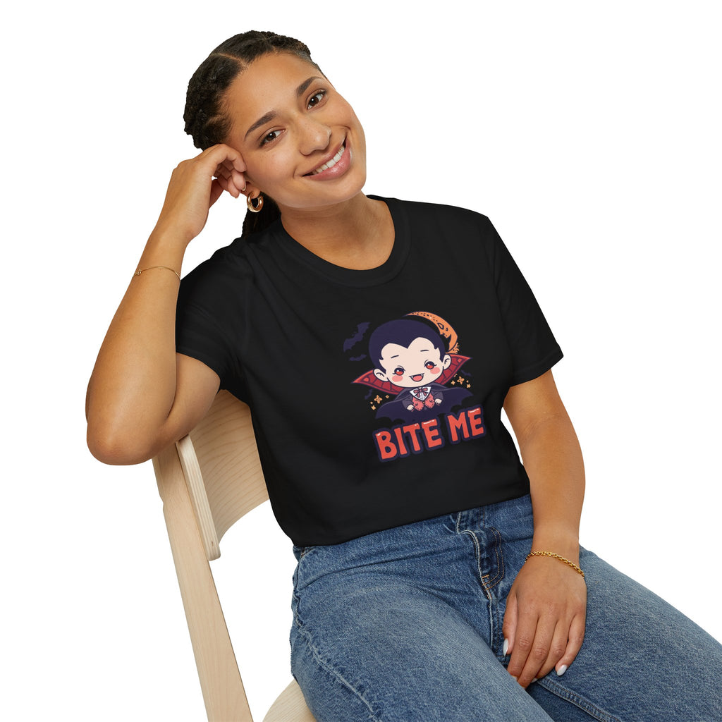 Unisex Softstyle T-Shirt,Bite Me Vampire Shirt, Cute Halloween Tee, Funny Spooky Shirt, Chibi Vampire T-Shirt, Gothic Funny Tee