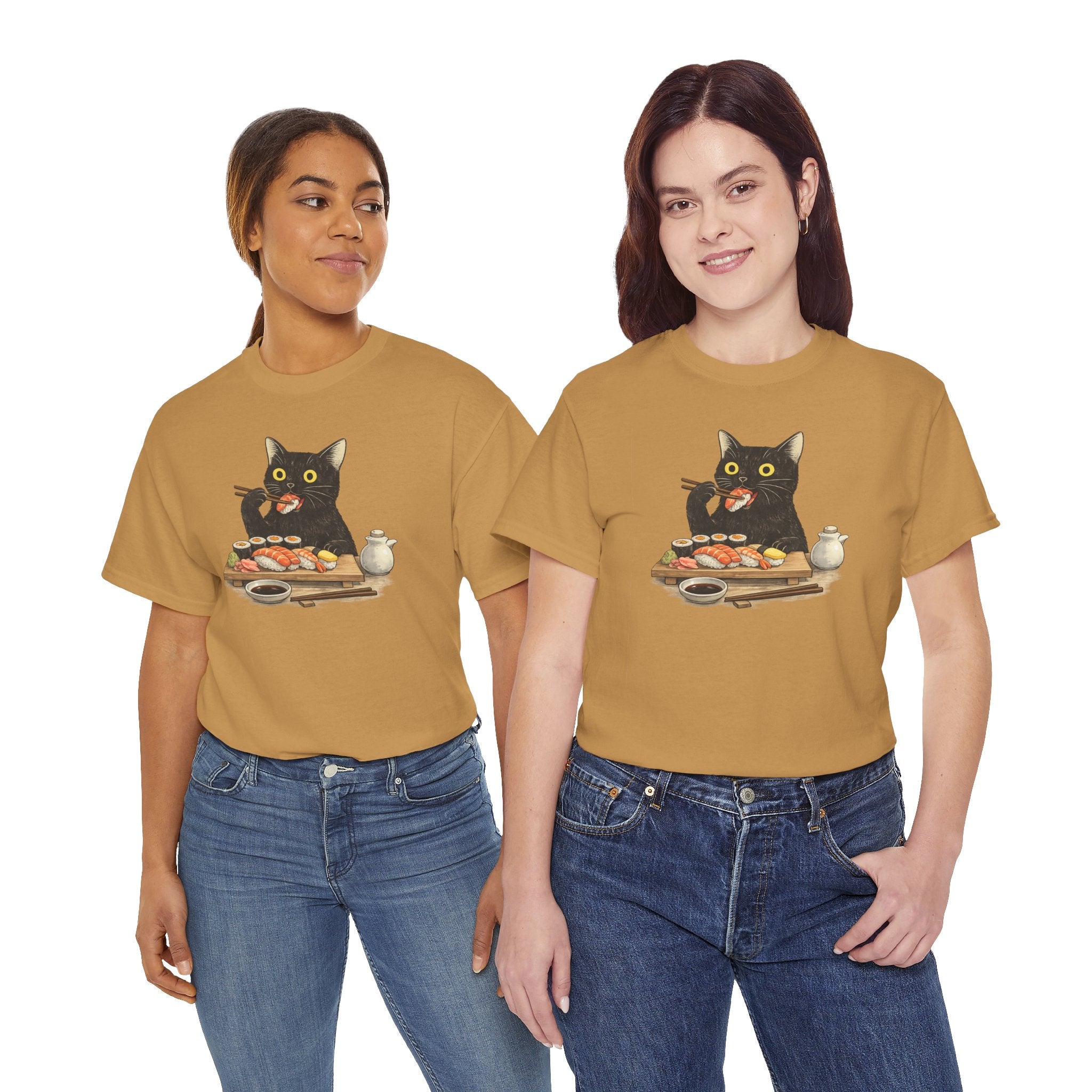 Unisex Heavy Cotton Tee, cat eating sushi