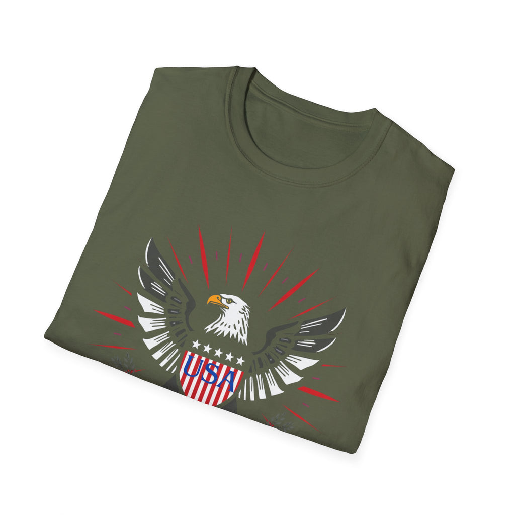 Unisex Softstyle T-Shirt, bold vector emblem, eagle crest, shield badge, patriotic colors, fireworks rays, clean lines, symmetrical design