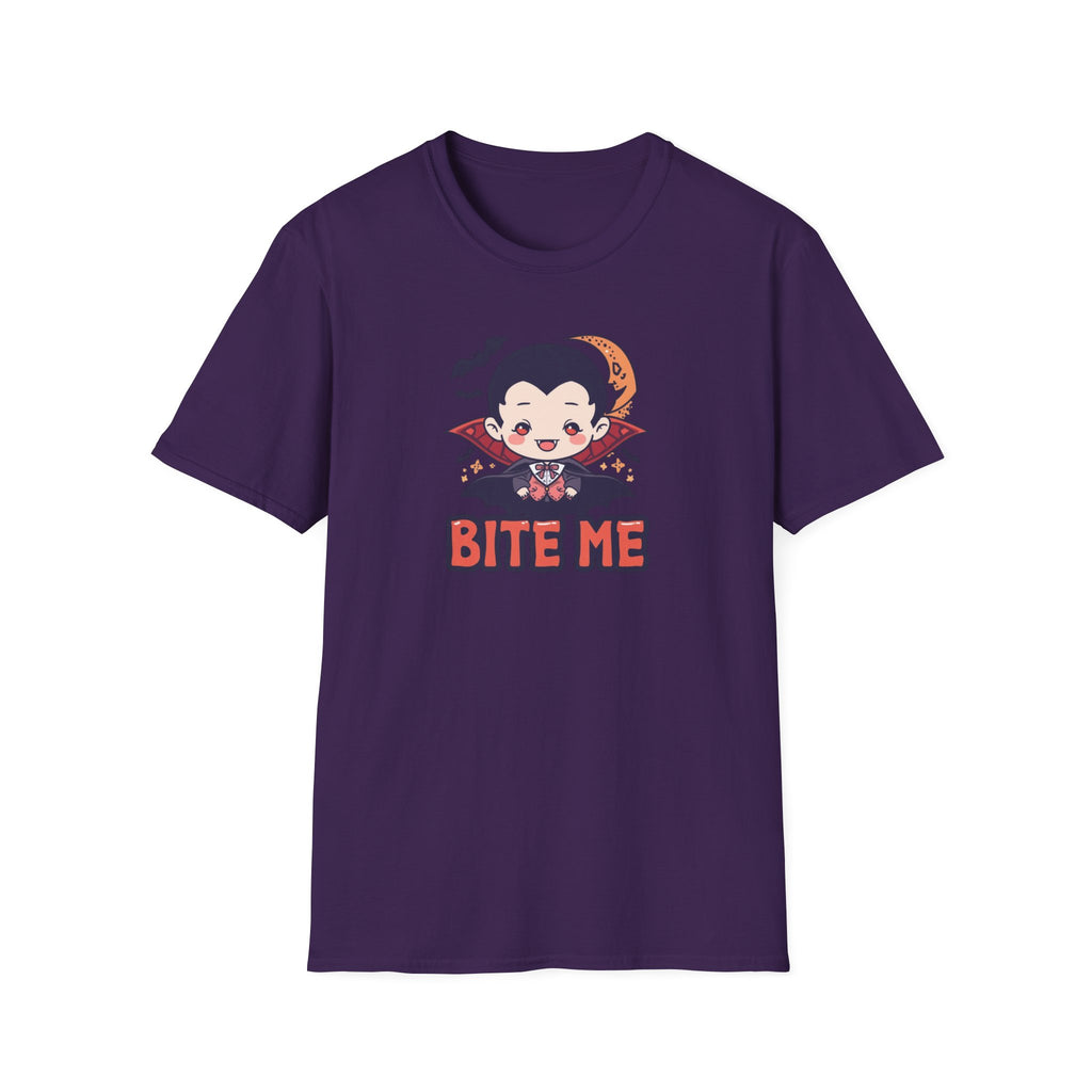 Unisex Softstyle T-Shirt,Bite Me Vampire Shirt, Cute Halloween Tee, Funny Spooky Shirt, Chibi Vampire T-Shirt, Gothic Funny Tee