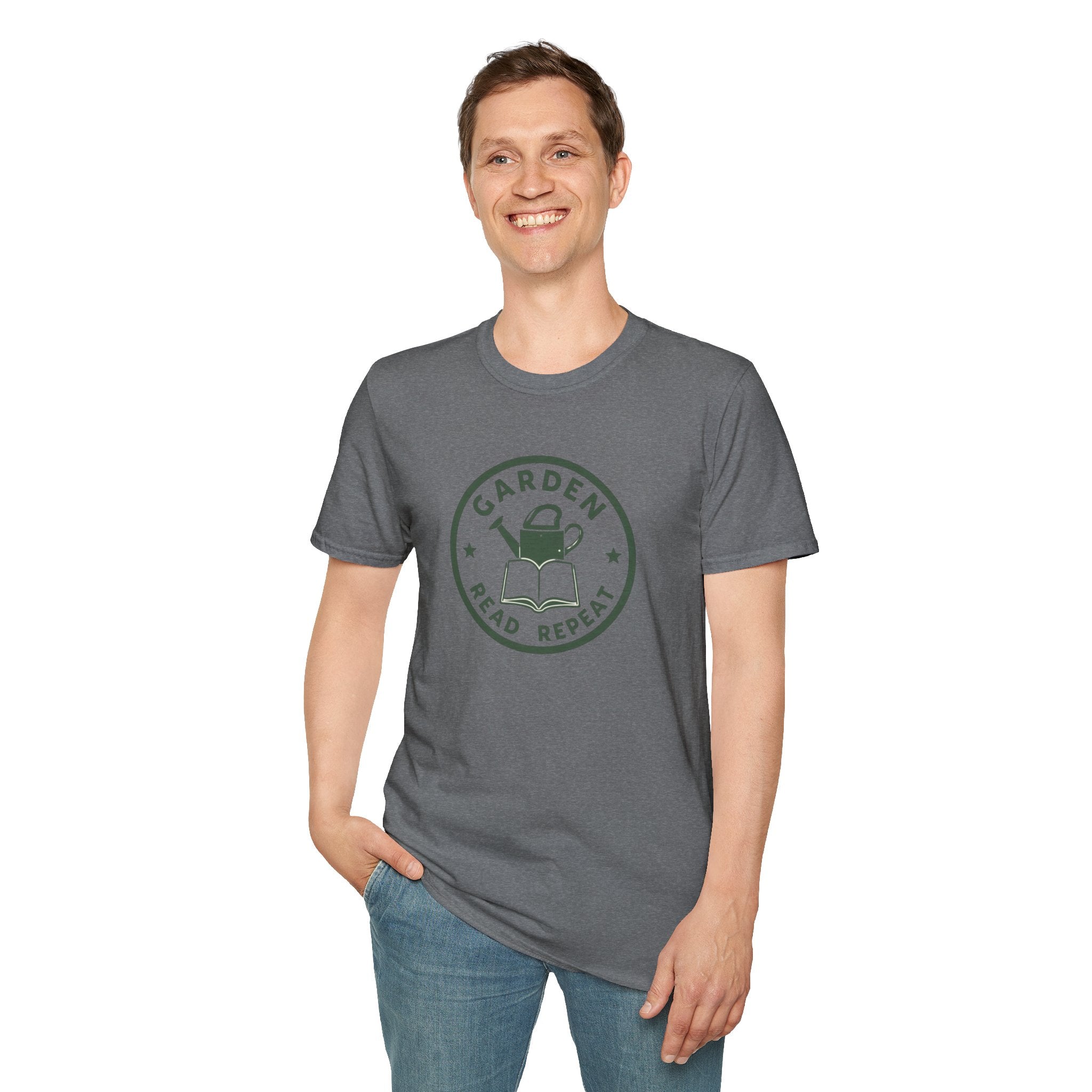 Unisex Softstyle T-Shirt,Garden Read Repeat Shirt, Gardening Book Lover Tee, Plant Reader Gift, Garden Lover T-Shirt, Bookish Gardener Tee