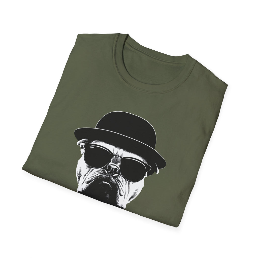 Unisex Softstyle T-Shirt, Bull Dog wearing Sun Glasses