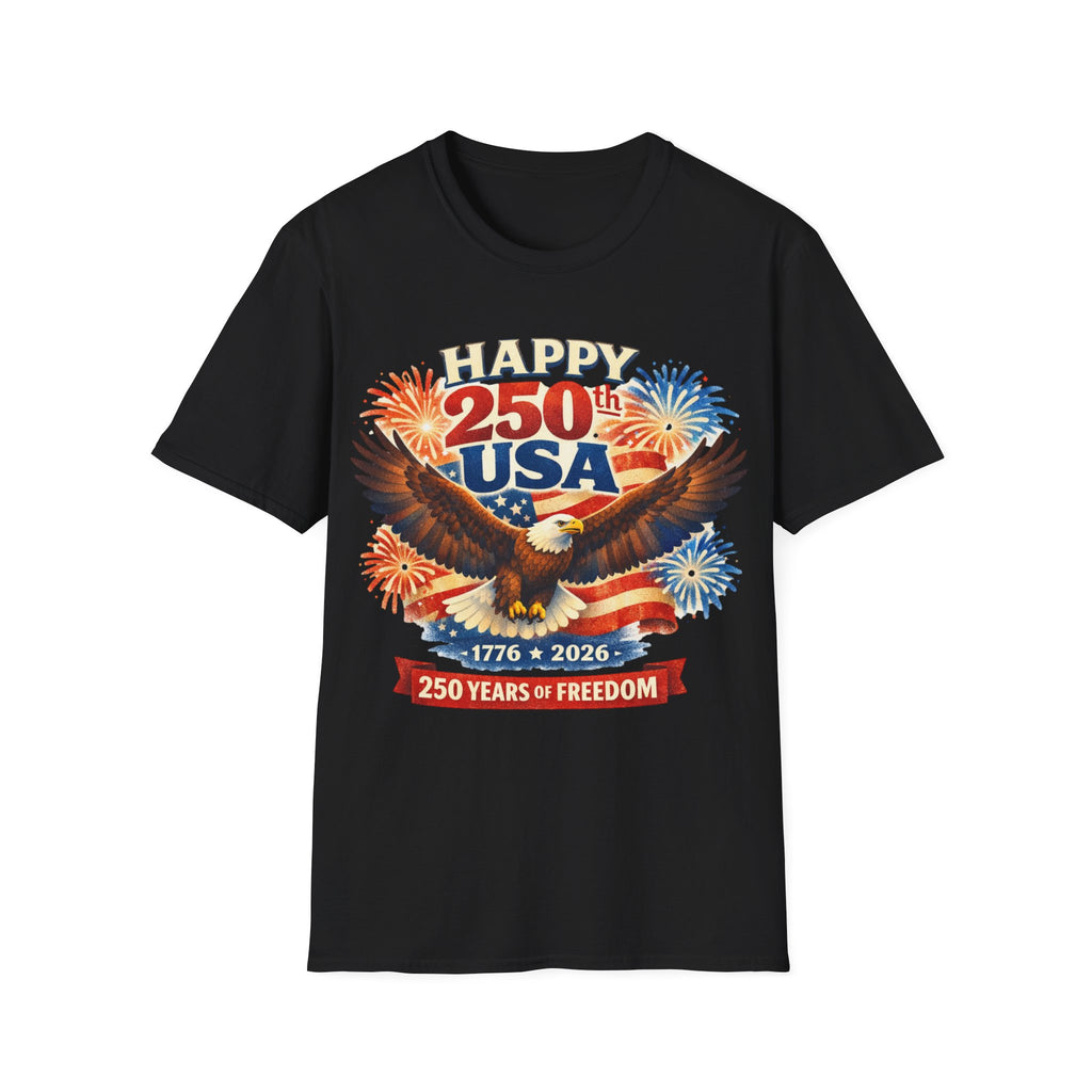 Unisex Softstyle T-Shirt, Happy 250th USA Shirt, 250 Years of Freedom Tee, Patriotic America 1776 2026 T-Shirt, USA Anniversary Shirt