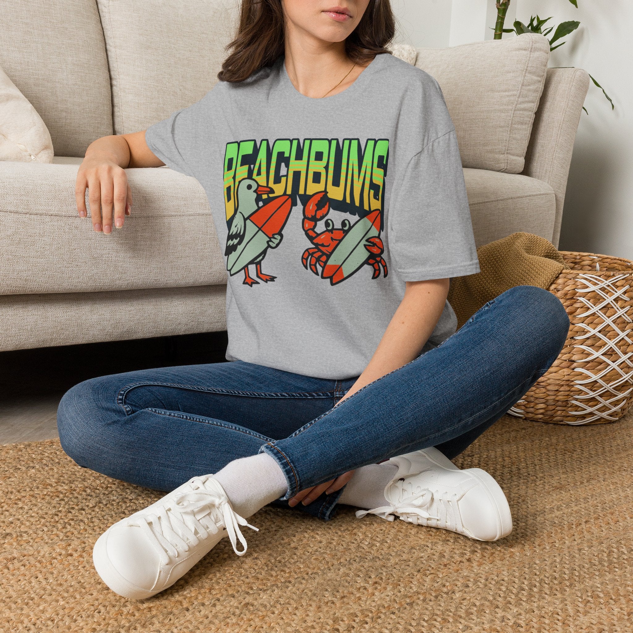 Unisex Softstyle T-Shirt, beachbums shirt, seagull and craps holding surf board