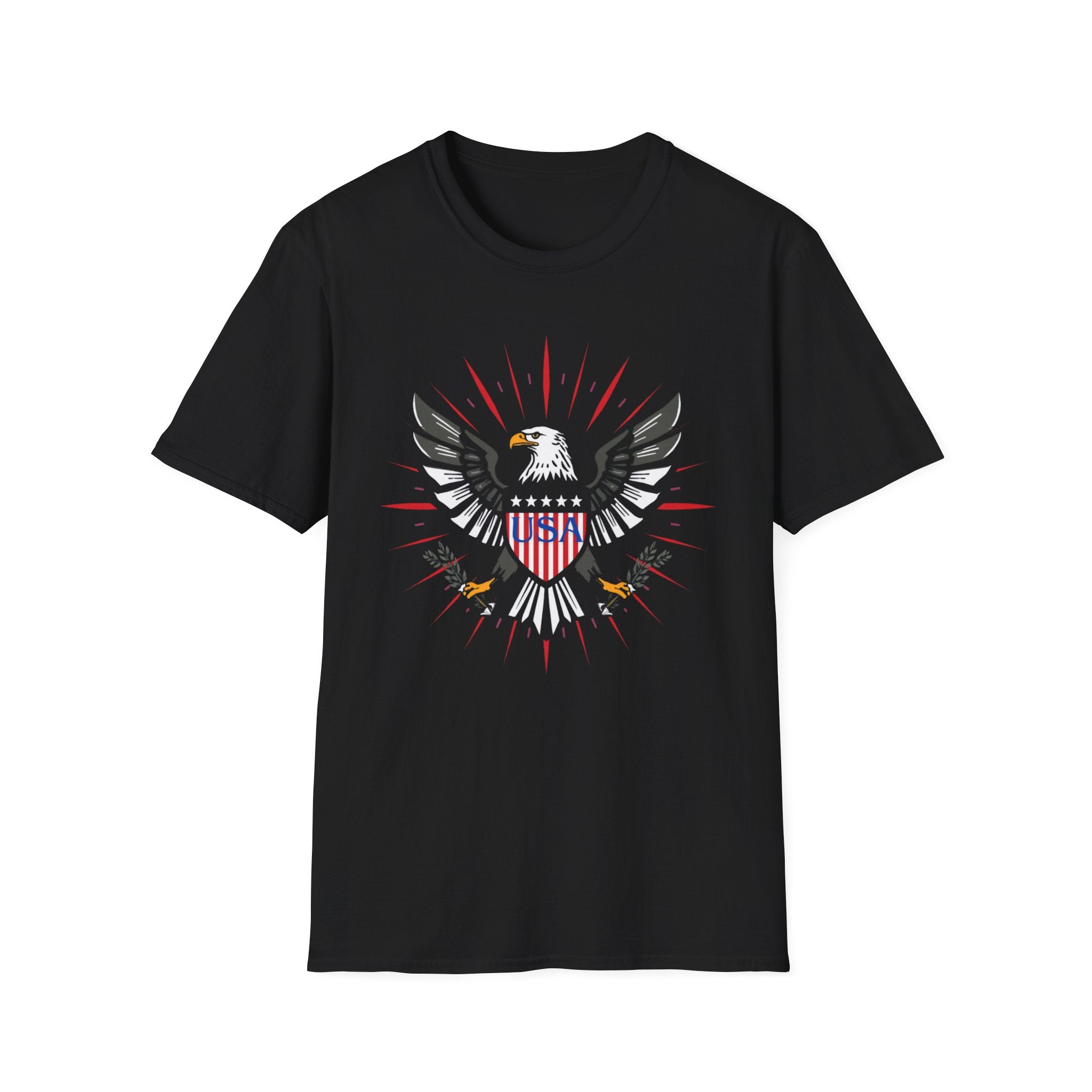 Unisex Softstyle T-Shirt, bold vector emblem, eagle crest, shield badge, patriotic colors, fireworks rays, clean lines, symmetrical design