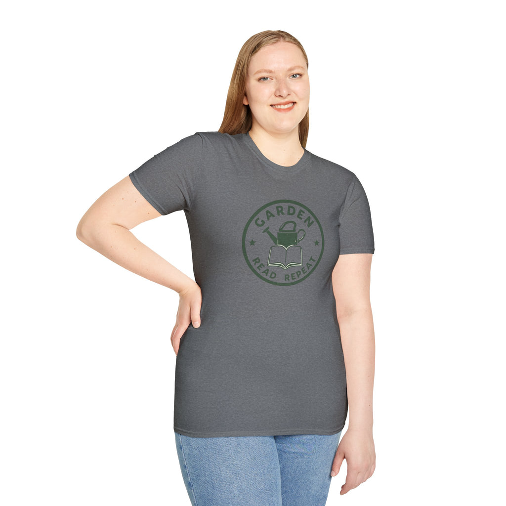 Unisex Softstyle T-Shirt,Garden Read Repeat Shirt, Gardening Book Lover Tee, Plant Reader Gift, Garden Lover T-Shirt, Bookish Gardener Tee
