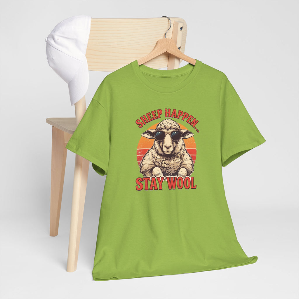 Unisex Heavy Cotton Tee,Sheep Happen Stay Wool Shirt, Retro Funny Sheep Tee, Vintage Animal Pun Shirt, Groovy Farm Humor T-Shirt, Cool Sheep Gift