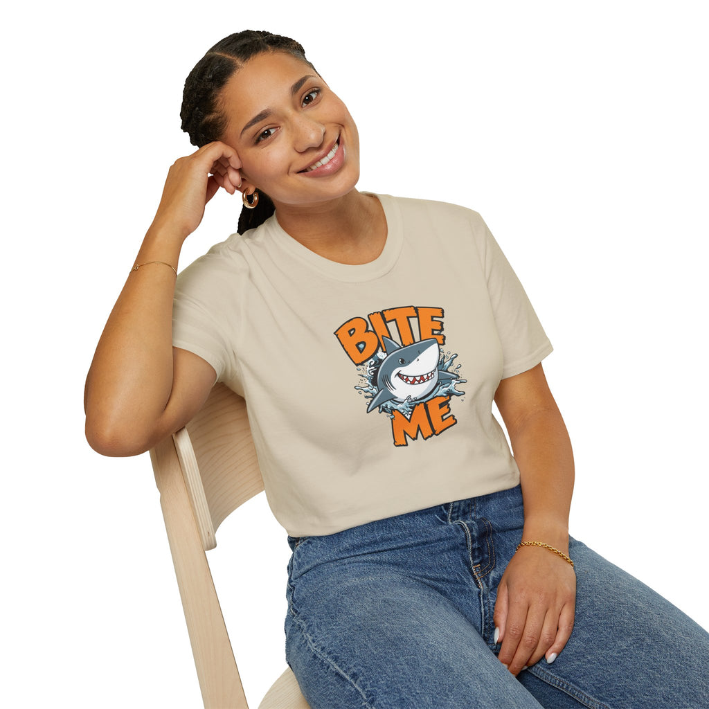 Unisex Softstyle T-Shirt,Bite Me Shark Shirt, Funny Beach Tee, Summer Ocean Shirt, Shark Lover Gift, Coastal Humor T-Shirt