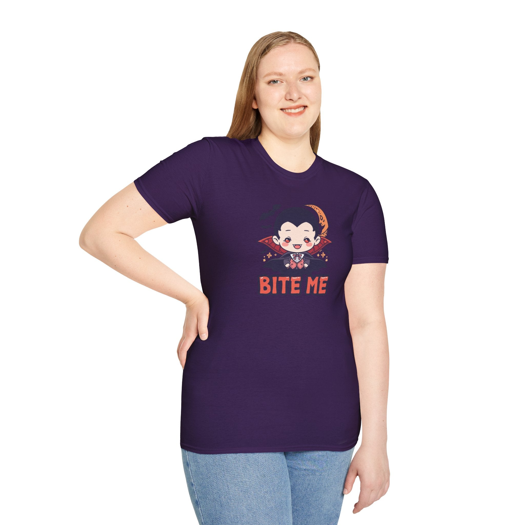 Unisex Softstyle T-Shirt,Bite Me Vampire Shirt, Cute Halloween Tee, Funny Spooky Shirt, Chibi Vampire T-Shirt, Gothic Funny Tee