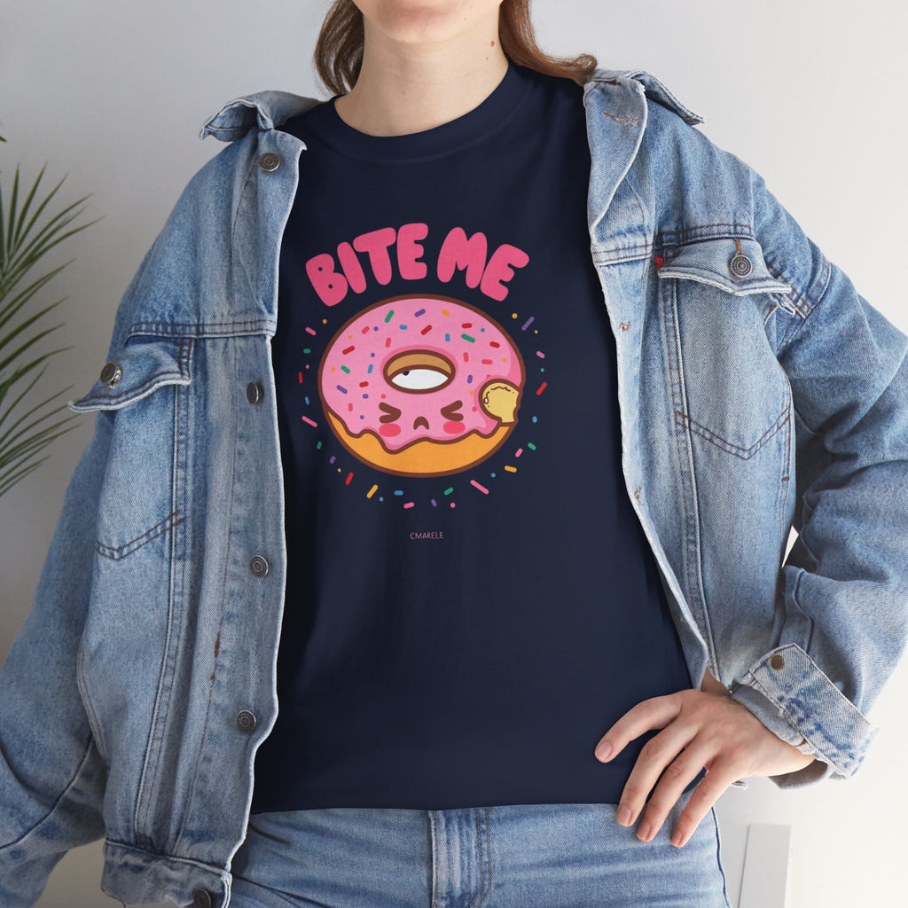 Unisex Heavy Cotton Tee,Bite Me Donut Shirt, Funny Food Tee, Cute Kawaii Donut T-Shirt, Sweet Humor Shirt, Bakery Lover Gift