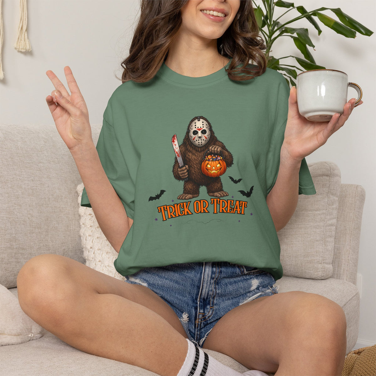 Unisex Garment-Dyed T-shirt, big foot wearing Jason mask