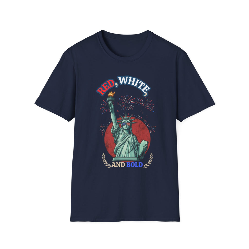Unisex Softstyle T-Shirt, red white and bold statue of liberty