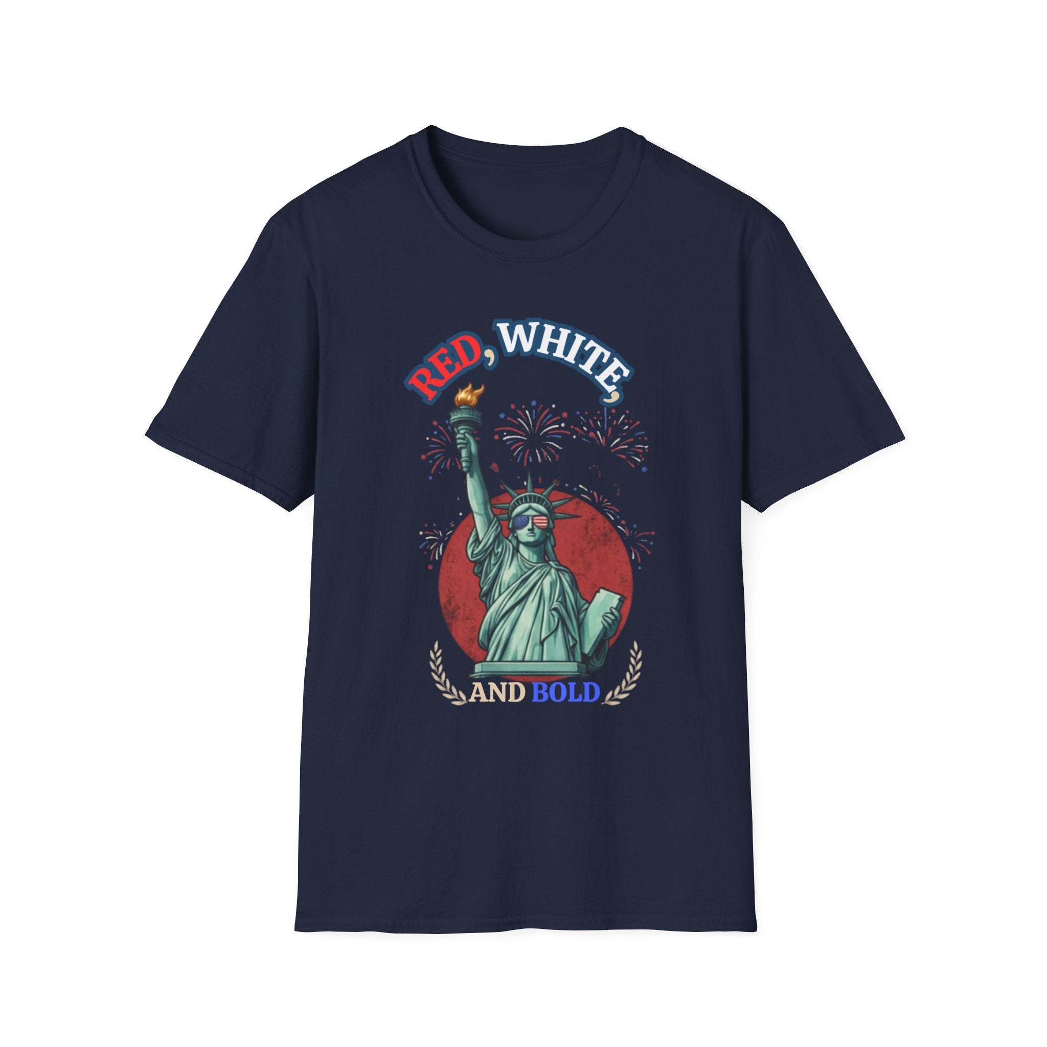 Unisex Softstyle T-Shirt, red white and bold statue of liberty