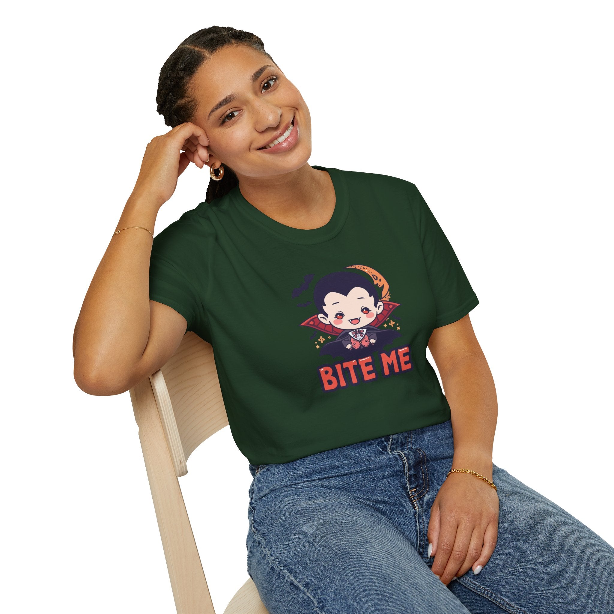 Unisex Softstyle T-Shirt,Bite Me Vampire Shirt, Cute Halloween Tee, Funny Spooky Shirt, Chibi Vampire T-Shirt, Gothic Funny Tee
