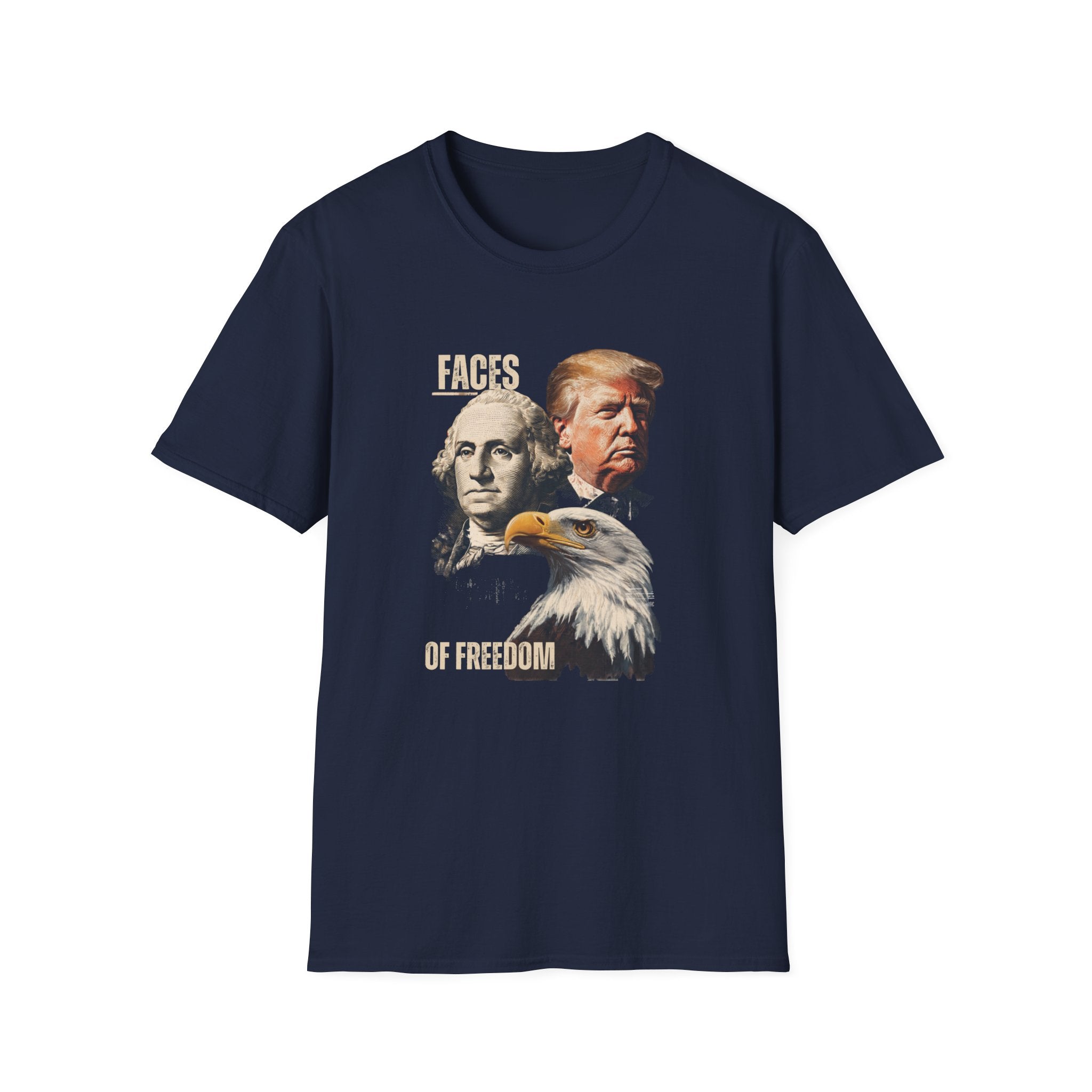 Unisex Softstyle T-Shirt, Faces Of Freedom Shirt, Washington Trump Patriotic Tee, American Eagle Flag Shirt, 4th of July Split Design USA Shirt