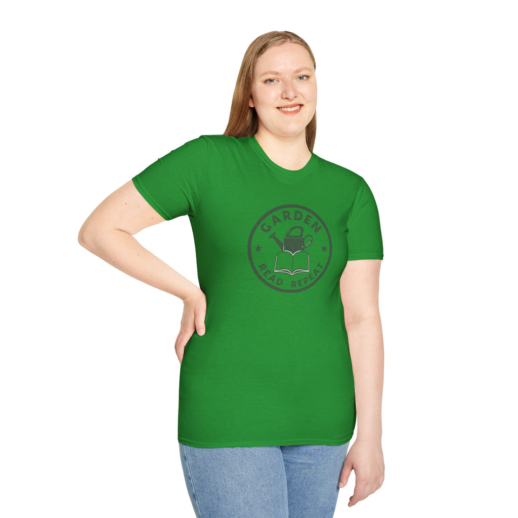 Unisex Softstyle T-Shirt,Garden Read Repeat Shirt, Gardening Book Lover Tee, Plant Reader Gift, Garden Lover T-Shirt, Bookish Gardener Tee