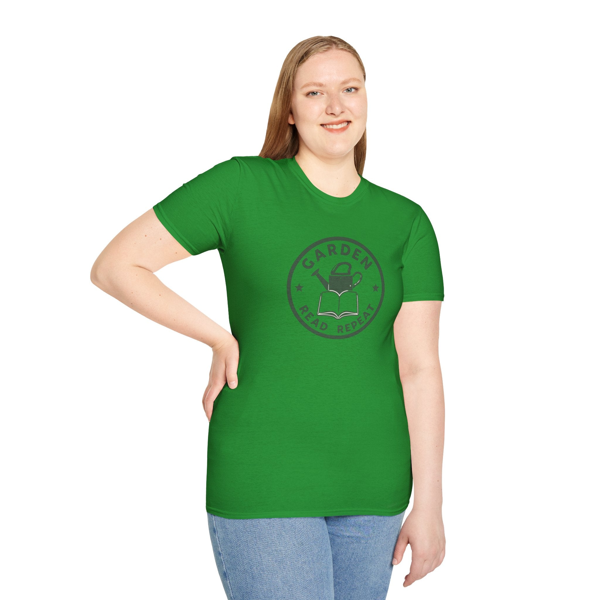 Unisex Softstyle T-Shirt,Garden Read Repeat Shirt, Gardening Book Lover Tee, Plant Reader Gift, Garden Lover T-Shirt, Bookish Gardener Tee