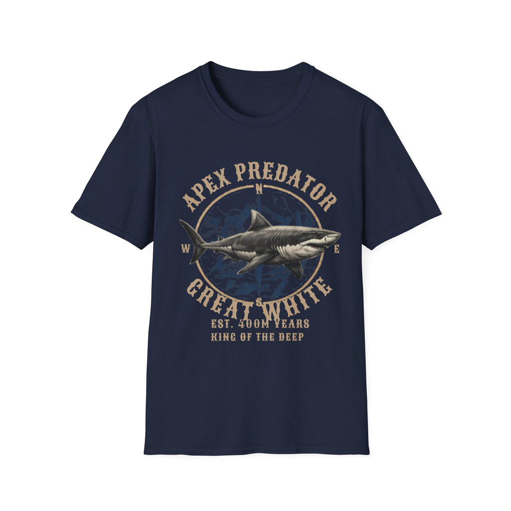 Unisex Softstyle T-Shirt, Great White Shark T-Shirt, Vintage Ocean Predator Tee, Shark Lover Gift, Marine Life Shirt, Apex Predator Graphic Tee, Beach Ocean Shirt