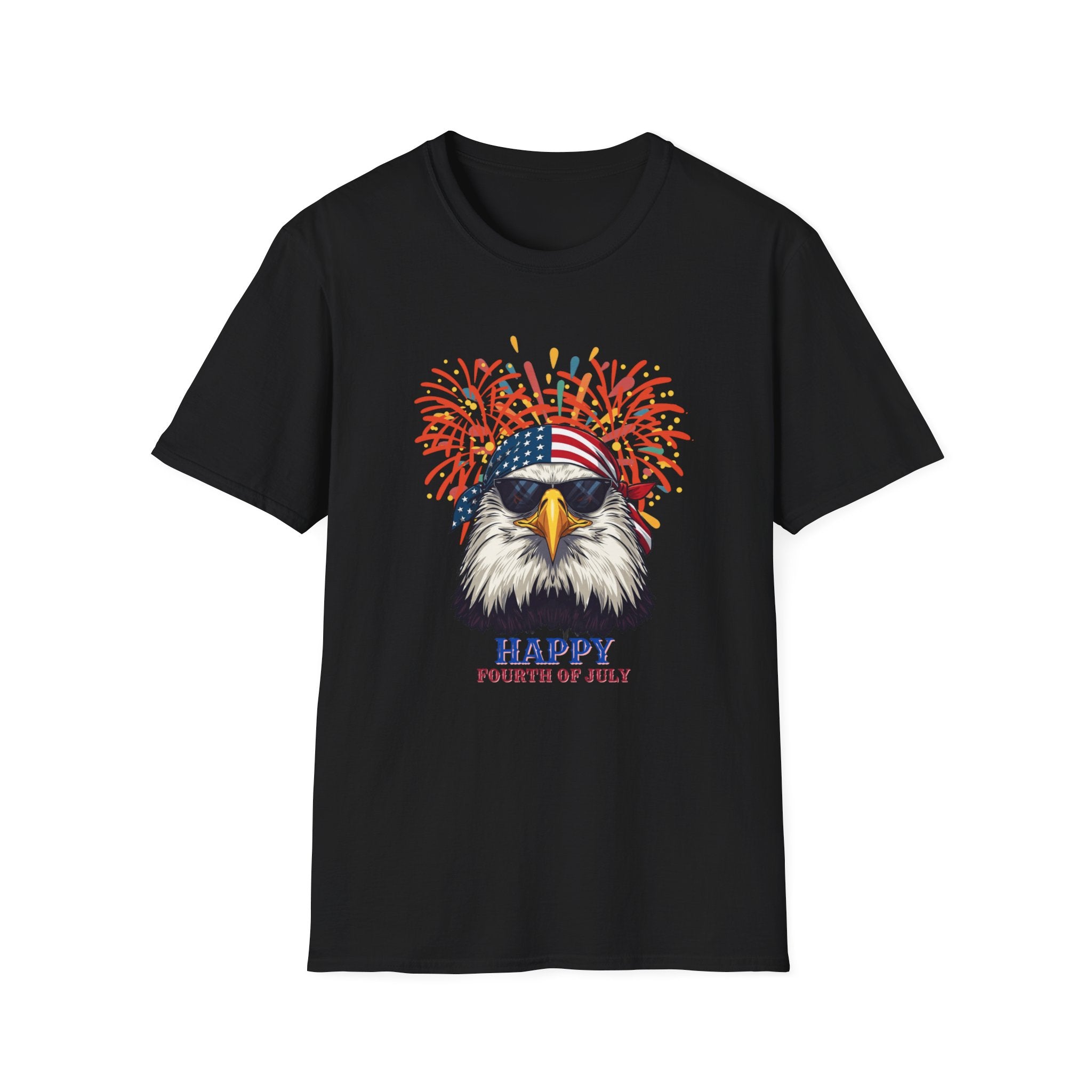 Unisex Softstyle T-Shirt, Funny American Eagle Sunglasses Shirt, Fourth of July Fireworks Tee, USA Pride Patriotic T-Shirt