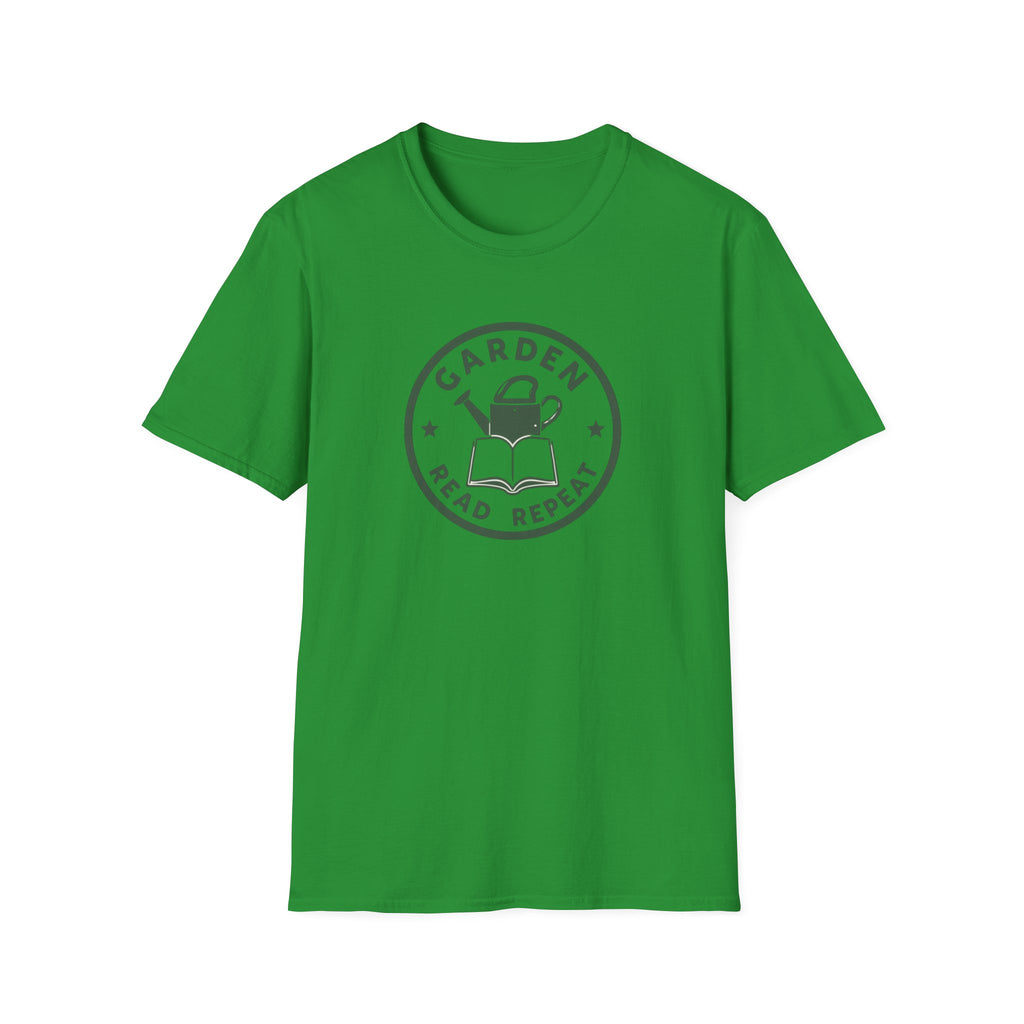 Unisex Softstyle T-Shirt,Garden Read Repeat Shirt, Gardening Book Lover Tee, Plant Reader Gift, Garden Lover T-Shirt, Bookish Gardener Tee