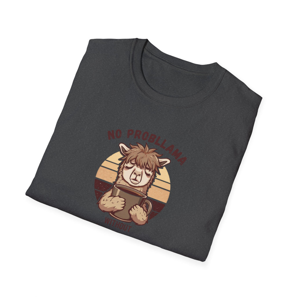 Unisex Softstyle T-Shirt, No Probllama Without Coffee Shirt, Funny Alpaca Coffee Tee, Sarcastic Morning Shirt, Coffee Addict Gift, Cute Animal Pun T-Shirt