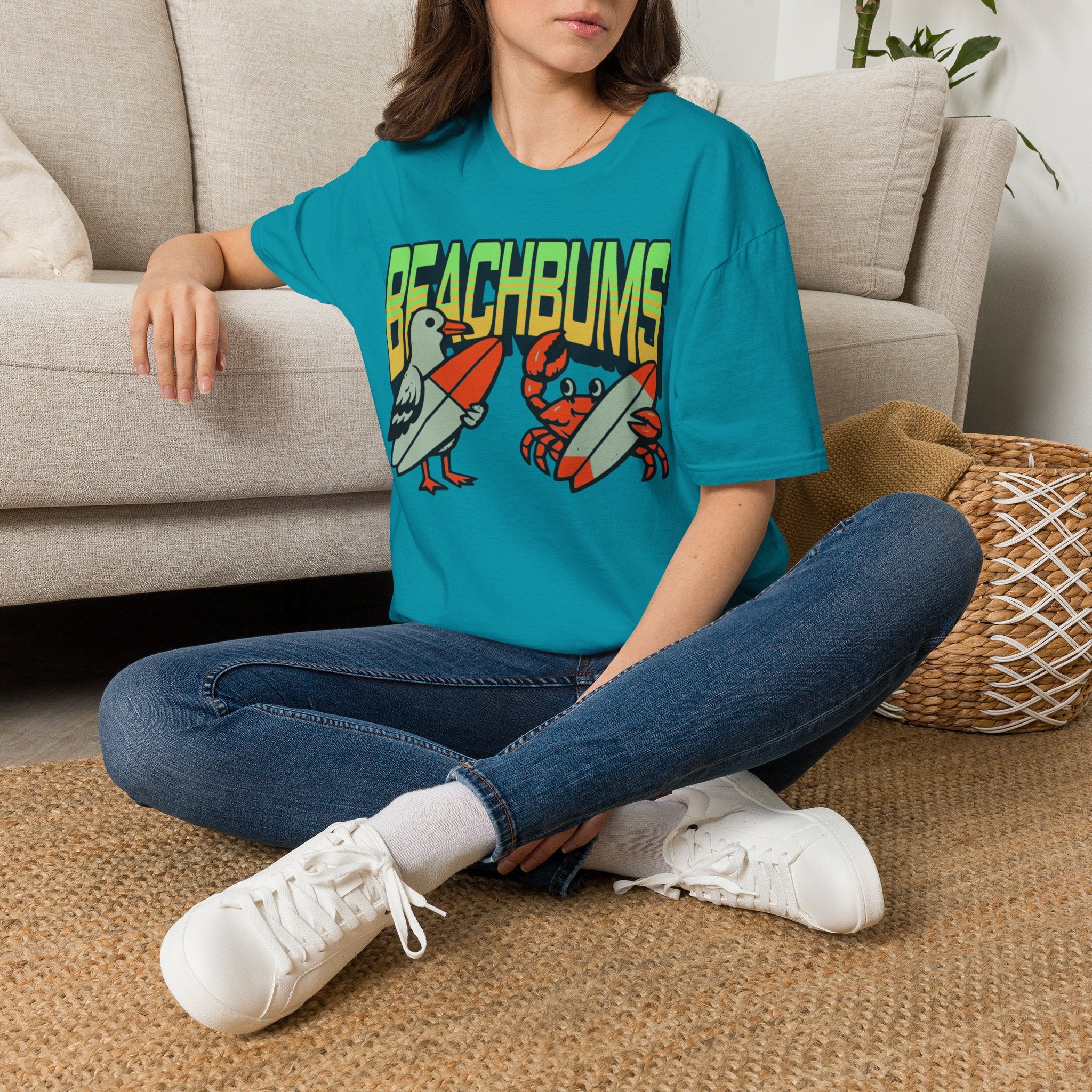 Unisex Softstyle T-Shirt, beachbums shirt, seagull and craps holding surf board