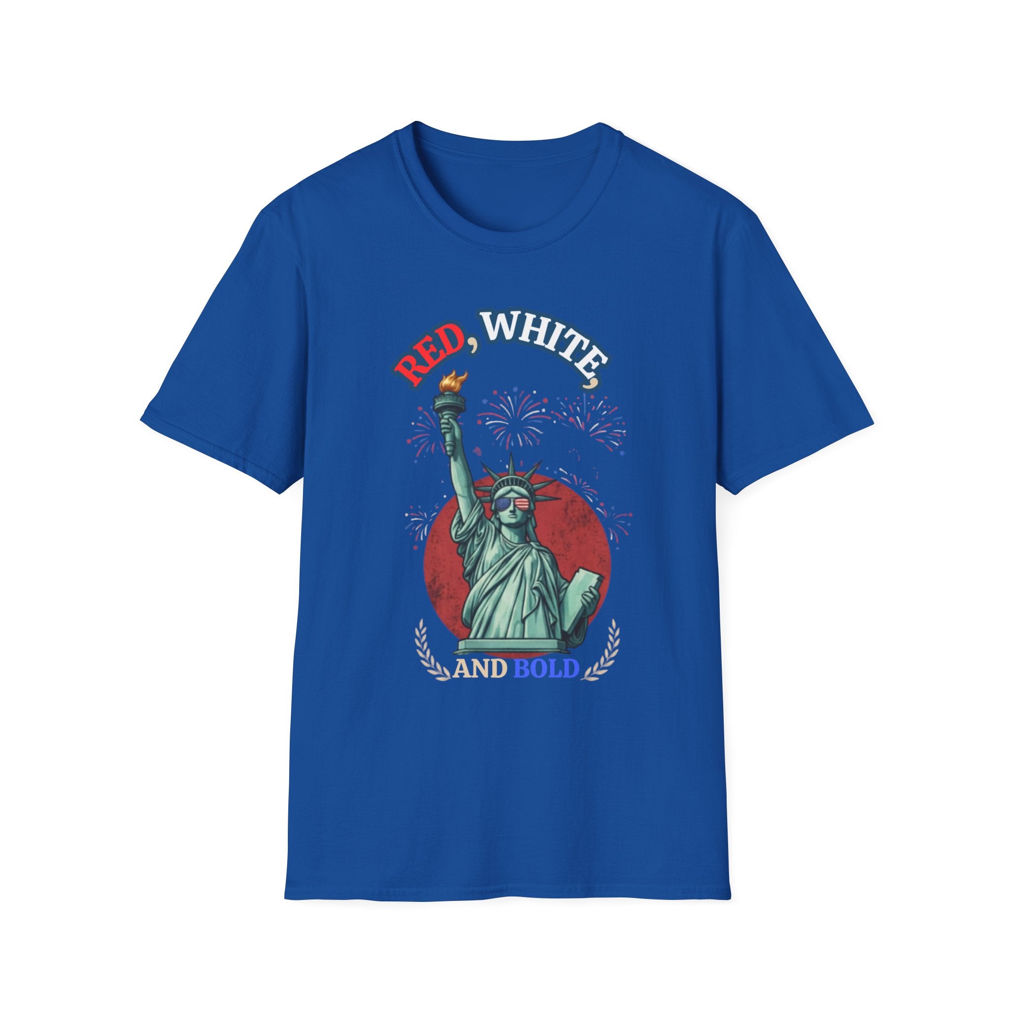 Unisex Softstyle T-Shirt, red white and bold statue of liberty