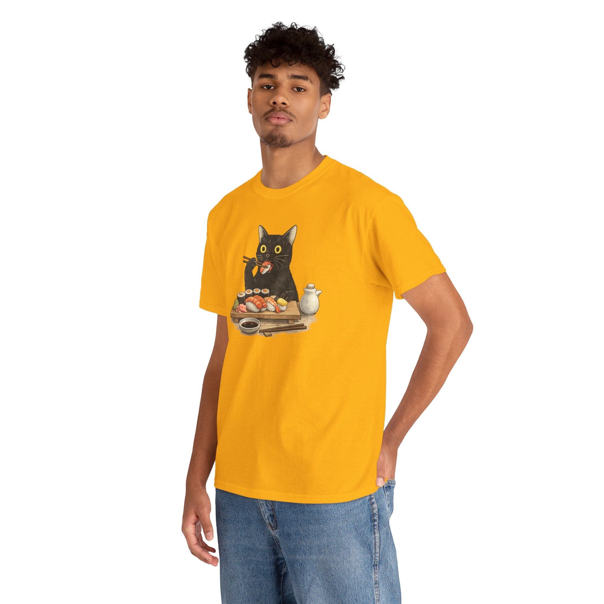 Unisex Heavy Cotton Tee, cat eating sushi