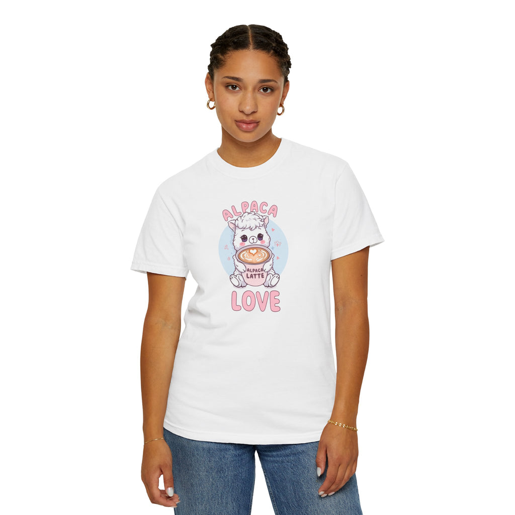 Unisex Garment-Dyed T-shirt, Alpaca Latte Love Shirt, Cute Coffee Lover Tee, Kawaii Alpaca Gift, Aesthetic Barista Shirt, Sweet Animal Graphic Tee