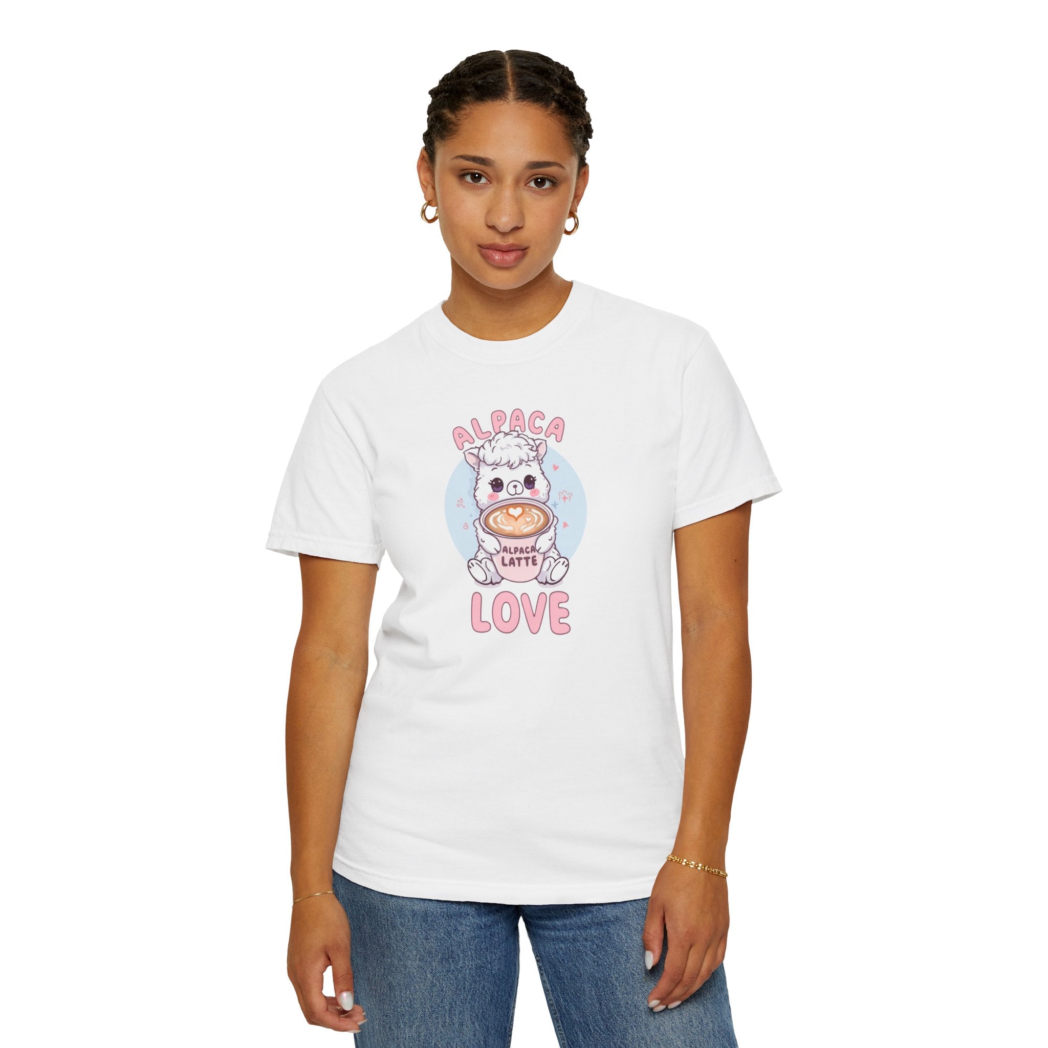 Unisex Garment-Dyed T-shirt, Alpaca Latte Love Shirt, Cute Coffee Lover Tee, Kawaii Alpaca Gift, Aesthetic Barista Shirt, Sweet Animal Graphic Tee