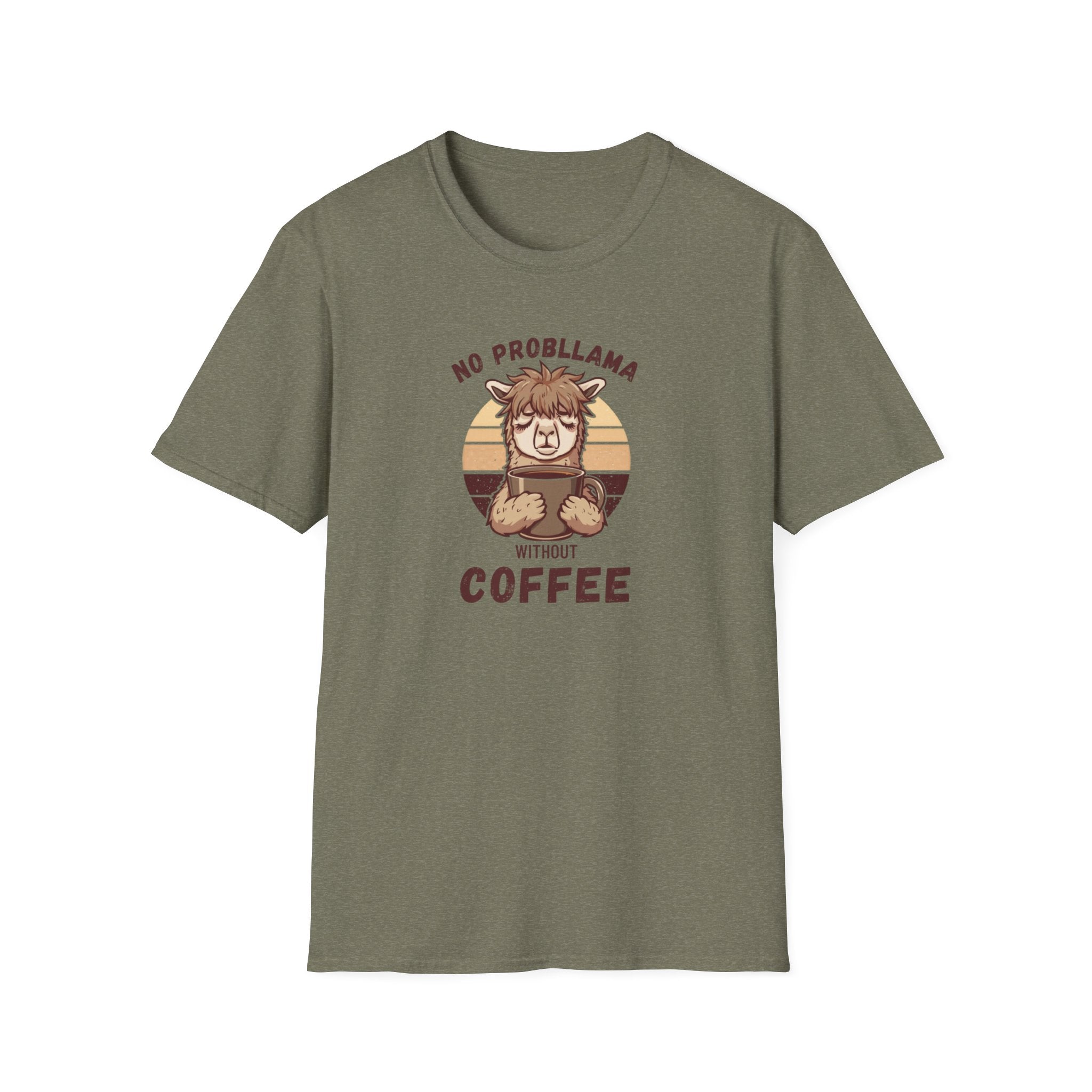 Unisex Softstyle T-Shirt, No Probllama Without Coffee Shirt, Funny Alpaca Coffee Tee, Sarcastic Morning Shirt, Coffee Addict Gift, Cute Animal Pun T-Shirt