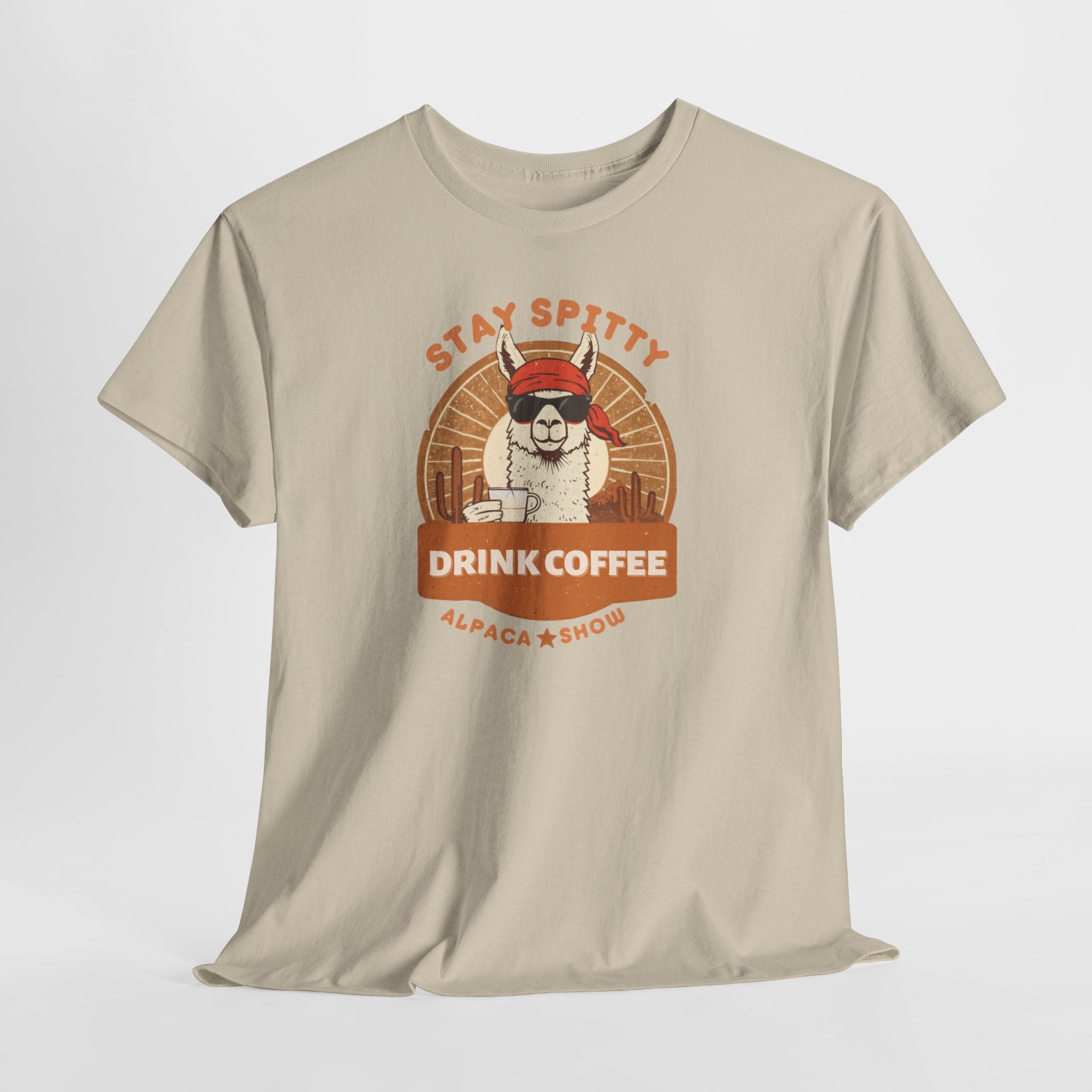 Unisex Heavy Cotton Tee, Stay Spitty Drink Coffee Shirt, Funny Alpaca Western Tee, Cowboy Coffee Shirt, Sarcastic Animal Pun Shirt, Vintage Graphic Tee