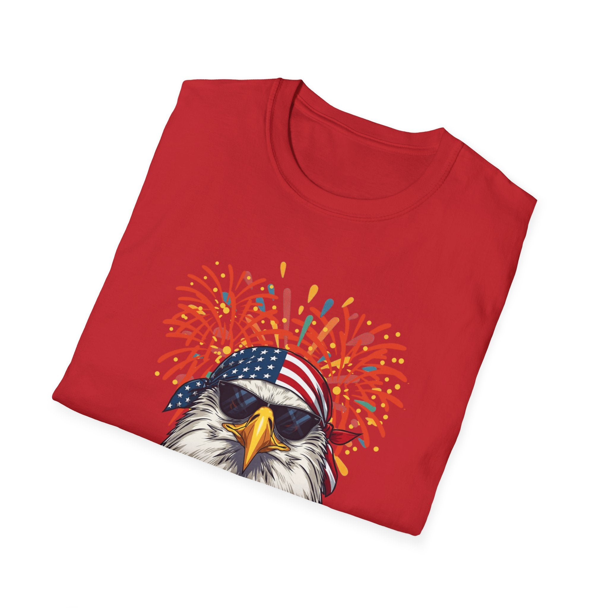 Unisex Softstyle T-Shirt, Funny American Eagle Sunglasses Shirt, Fourth of July Fireworks Tee, USA Pride Patriotic T-Shirt
