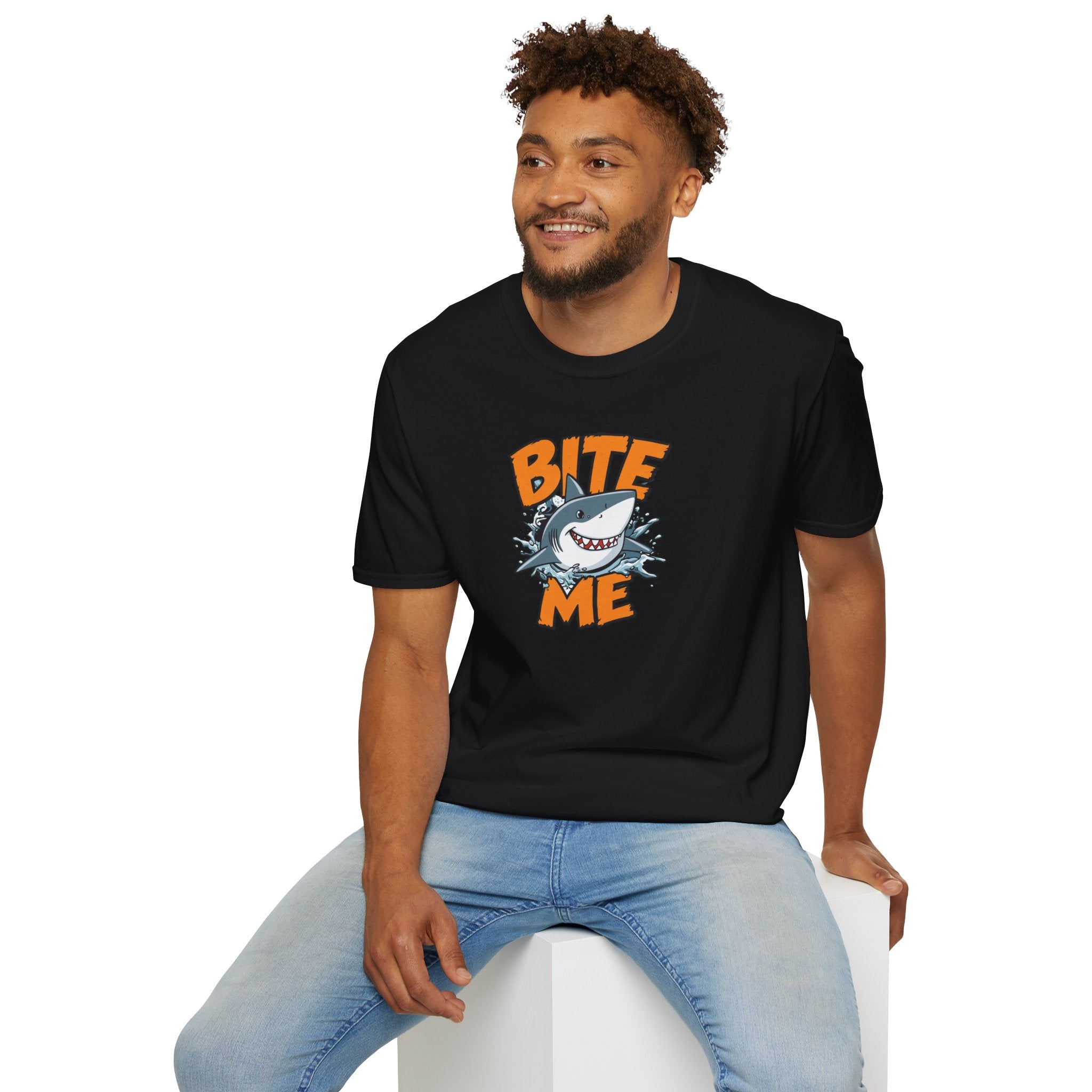 Unisex Softstyle T-Shirt,Bite Me Shark Shirt, Funny Beach Tee, Summer Ocean Shirt, Shark Lover Gift, Coastal Humor T-Shirt