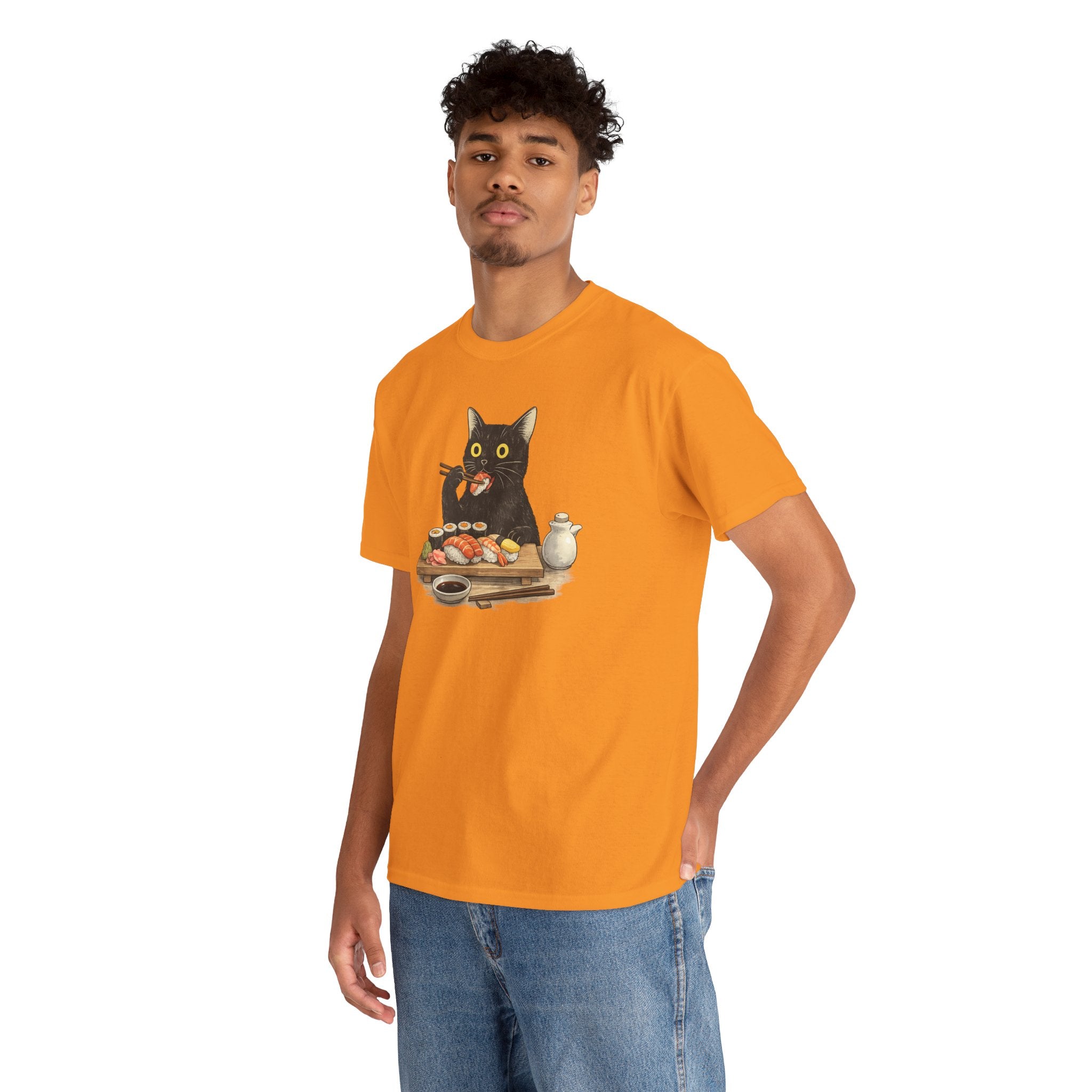 Unisex Heavy Cotton Tee, cat eating sushi