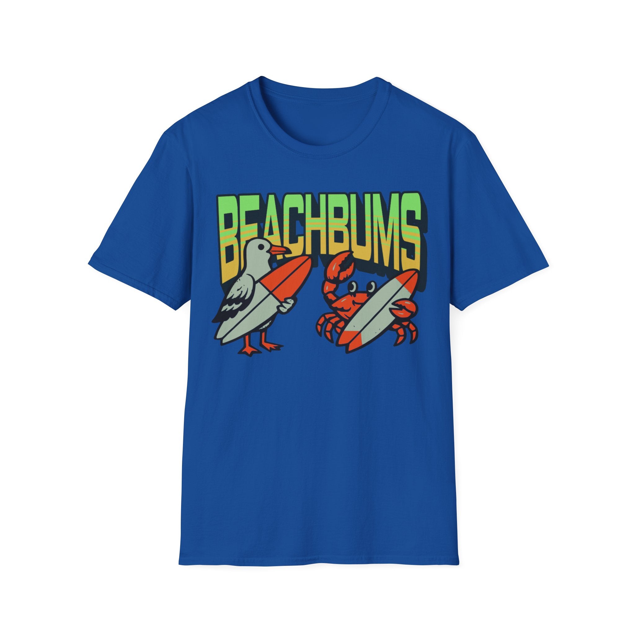 Unisex Softstyle T-Shirt, beachbums shirt, seagull and craps holding surf board