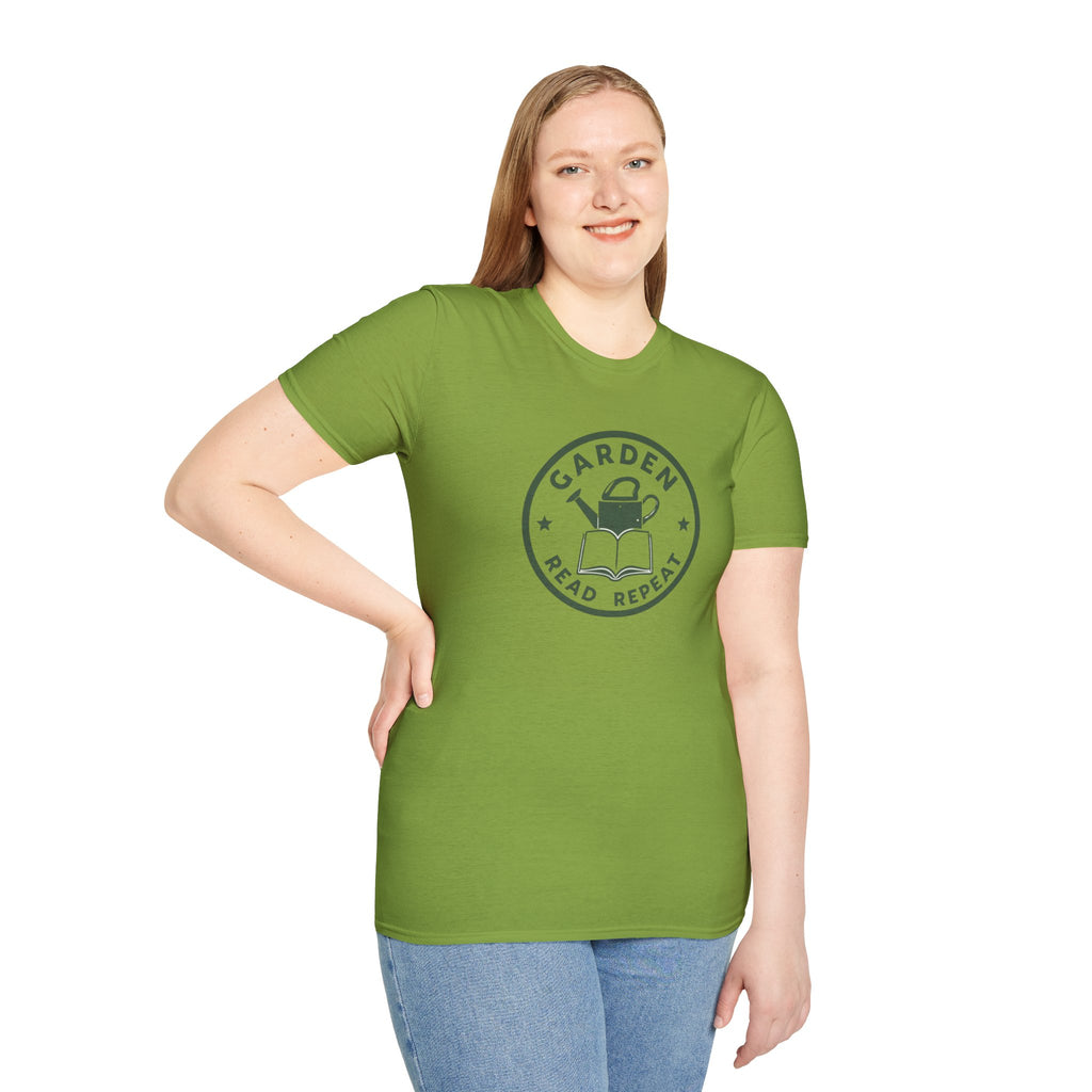 Unisex Softstyle T-Shirt,Garden Read Repeat Shirt, Gardening Book Lover Tee, Plant Reader Gift, Garden Lover T-Shirt, Bookish Gardener Tee