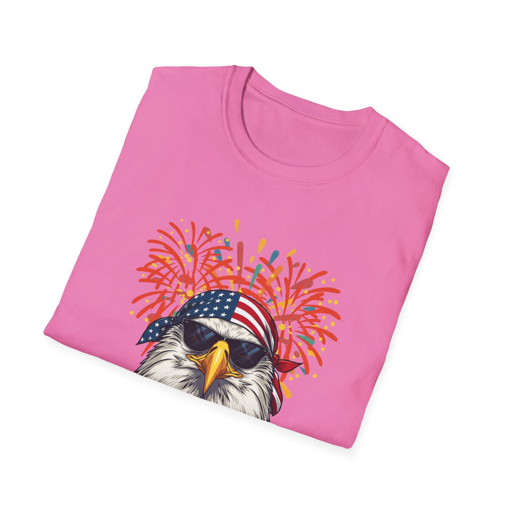 Unisex Softstyle T-Shirt, Funny American Eagle Sunglasses Shirt, Fourth of July Fireworks Tee, USA Pride Patriotic T-Shirt