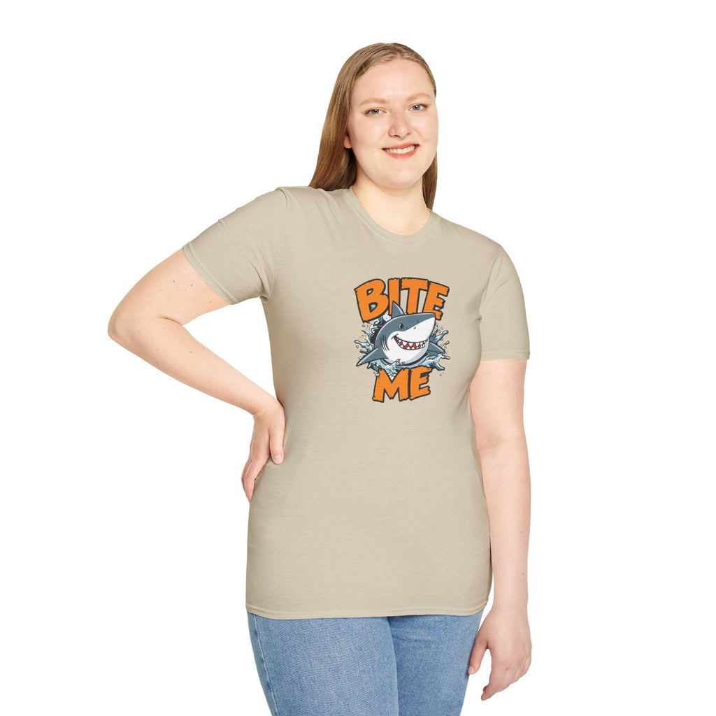 Unisex Softstyle T-Shirt,Bite Me Shark Shirt, Funny Beach Tee, Summer Ocean Shirt, Shark Lover Gift, Coastal Humor T-Shirt
