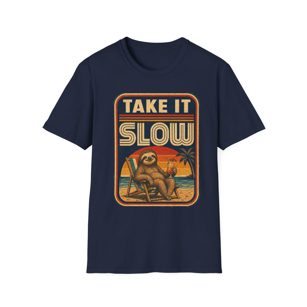 Unisex Softstyle T-Shirt, sloth chilling on beach